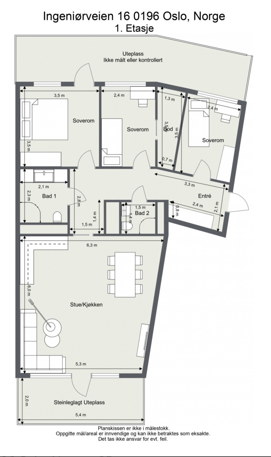 Boligen er på 94 kvm og inneholder entré, stue/kjøkken, to bad og tre soverom Galleribilde