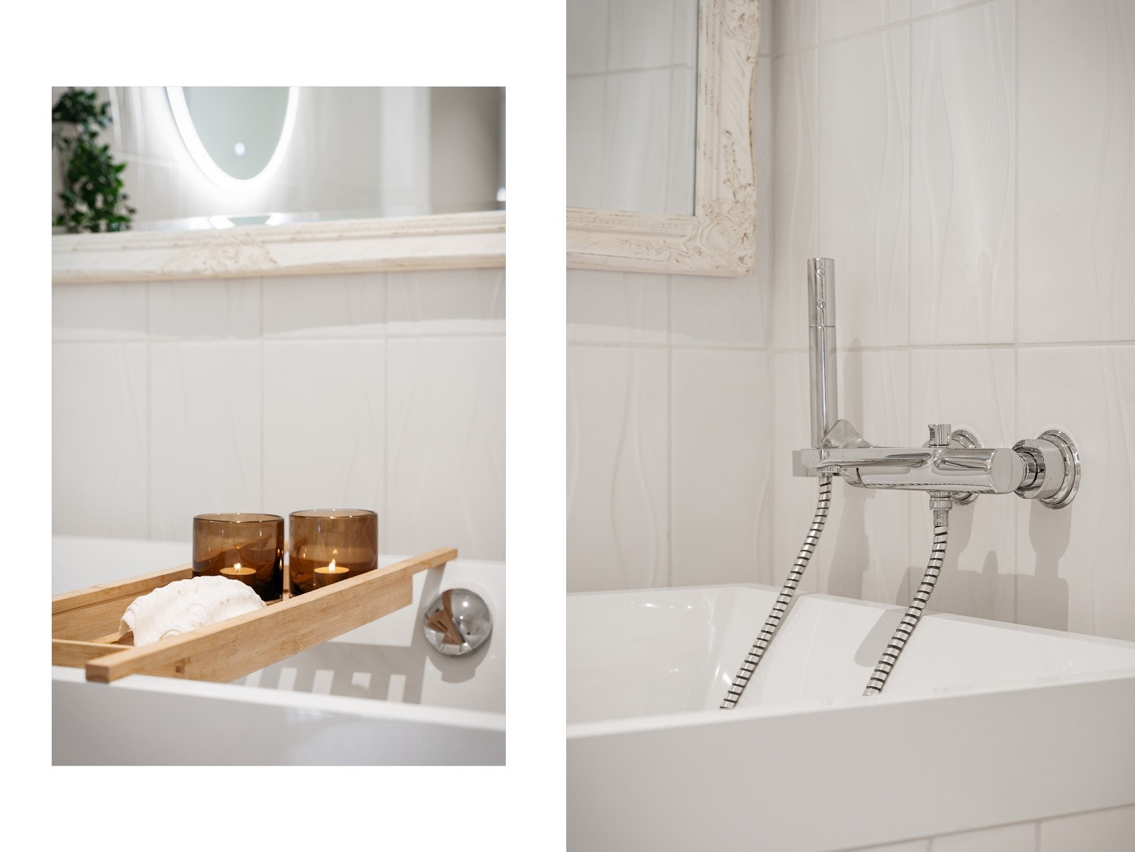 - Badet er innredet med vegghengt toalett, badekar, baderomsinnredning med heldekkende servant og speil med belysning - Galleribilde