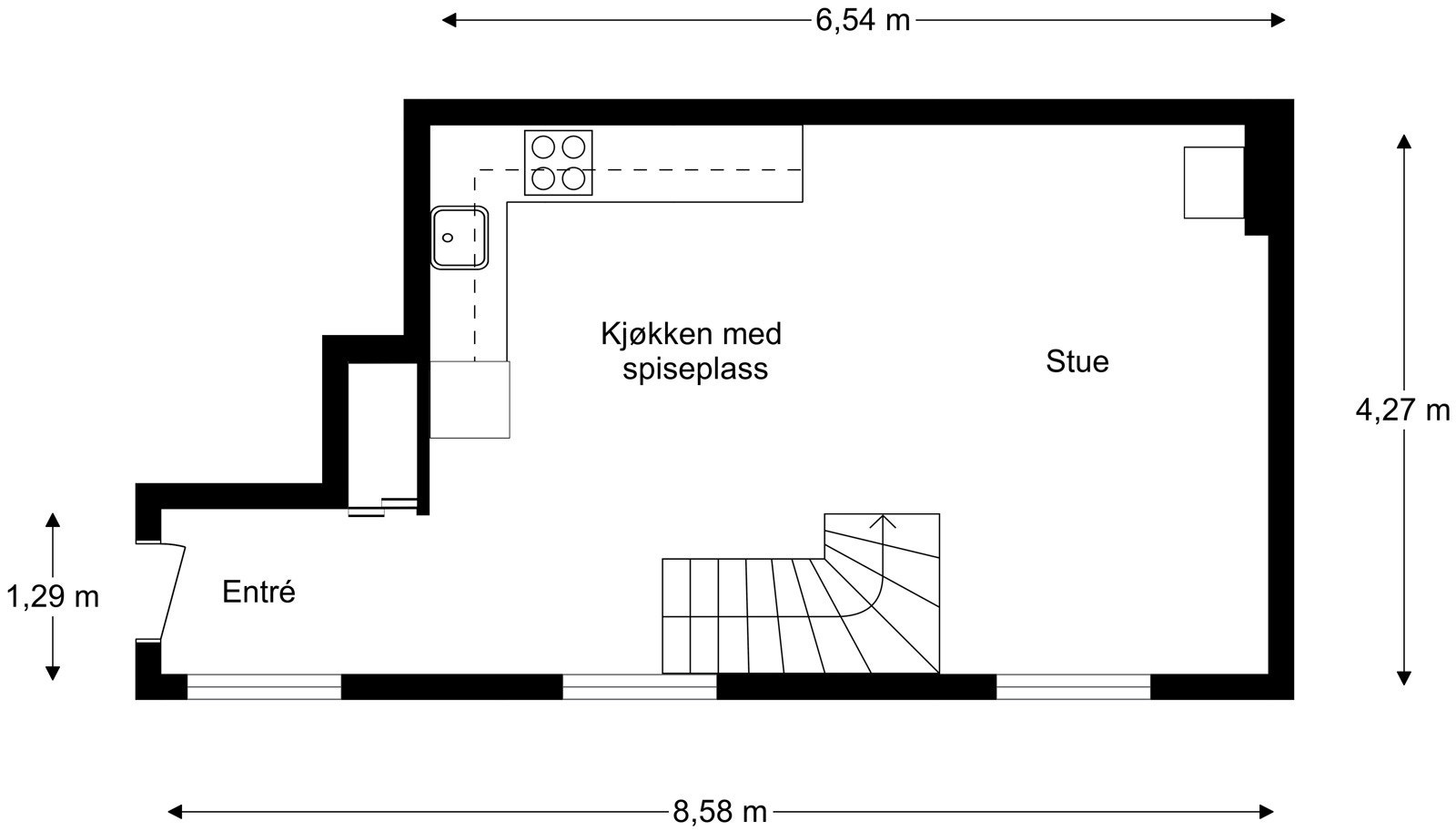 Plantegning av hovedetasjen, der du kommer inn og antagelig tilbringer mesteparten av den sosiale tiden. Galleribilde