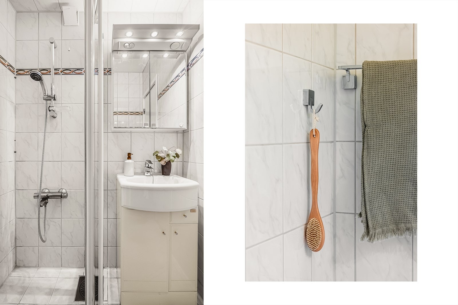 Helfliset bad som inneholder: Servant med møblement/speilskap og belysning, buet dusjhjørne i glass og dusjgarnityr. Varmekabler i gulv, avtrekksventil i vegg. Badet ble modernisert i 2001, arbeidet ble utført av fagfolk/firma. Galleribilde