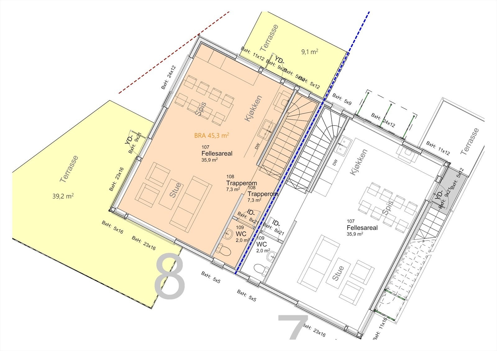 Plantegning over hytte 7 og 8 (2 etg). Hytte 8 har en stor terrasse med utgang fra stuen Galleribilde
