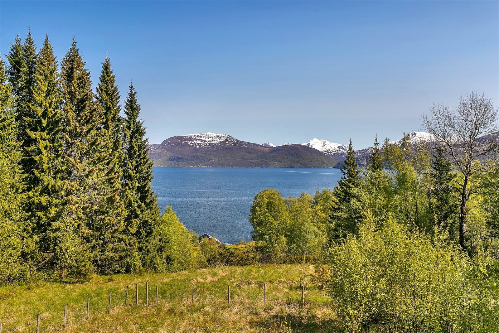 Utsikt fra eiendommen ned mot naust og Tysfjorden Galleribilde