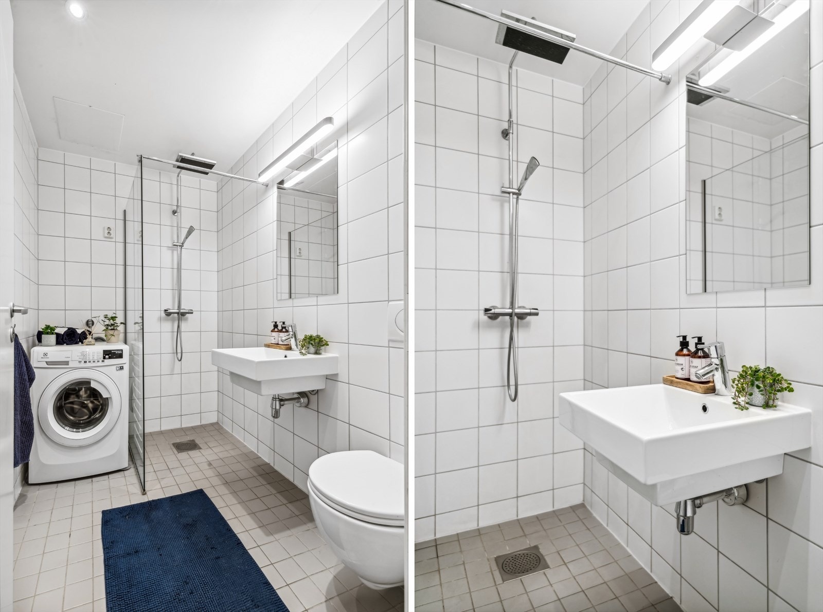 Romslig baderom med klassiske hvite fliser på vegger og gulv. På baderommet finner man dusjhjørne, servant, vegghengt toalett og opplegg til vaskemaskin. Galleribilde