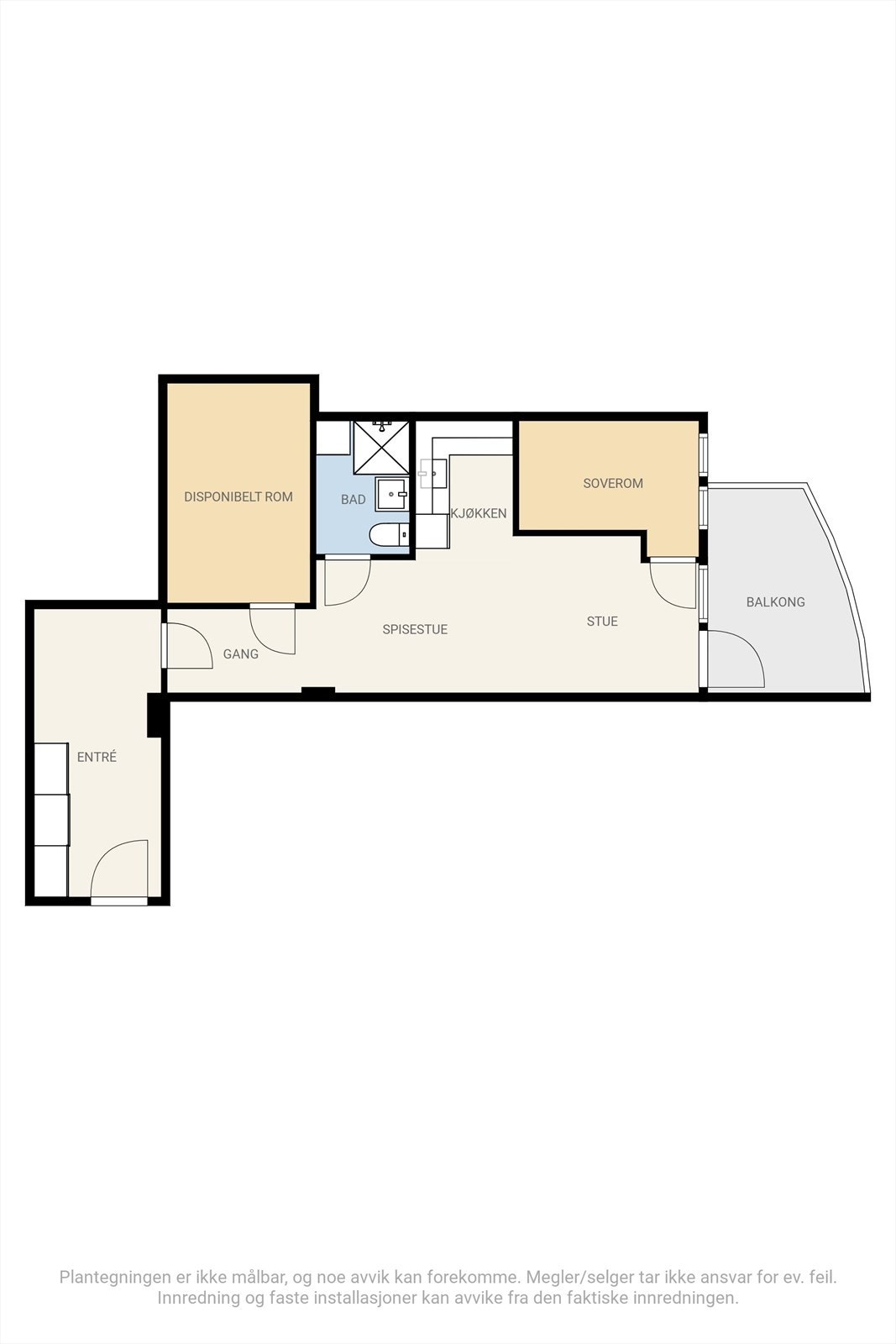 Plantegning - Leiligheten har en god planløsning med en åpen kjøkken-stue løsning, balkong, soverom og disponibelt rom. Galleribilde