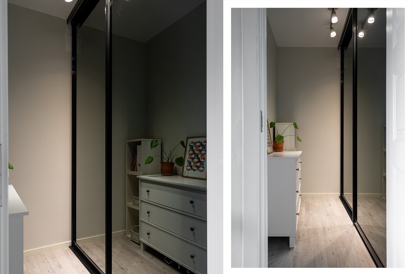 Fra entreen er det adkomst til et garderoberom som har en skyvedørsgarderobe med speilfronter og trendy, sort omramming. Galleribilde