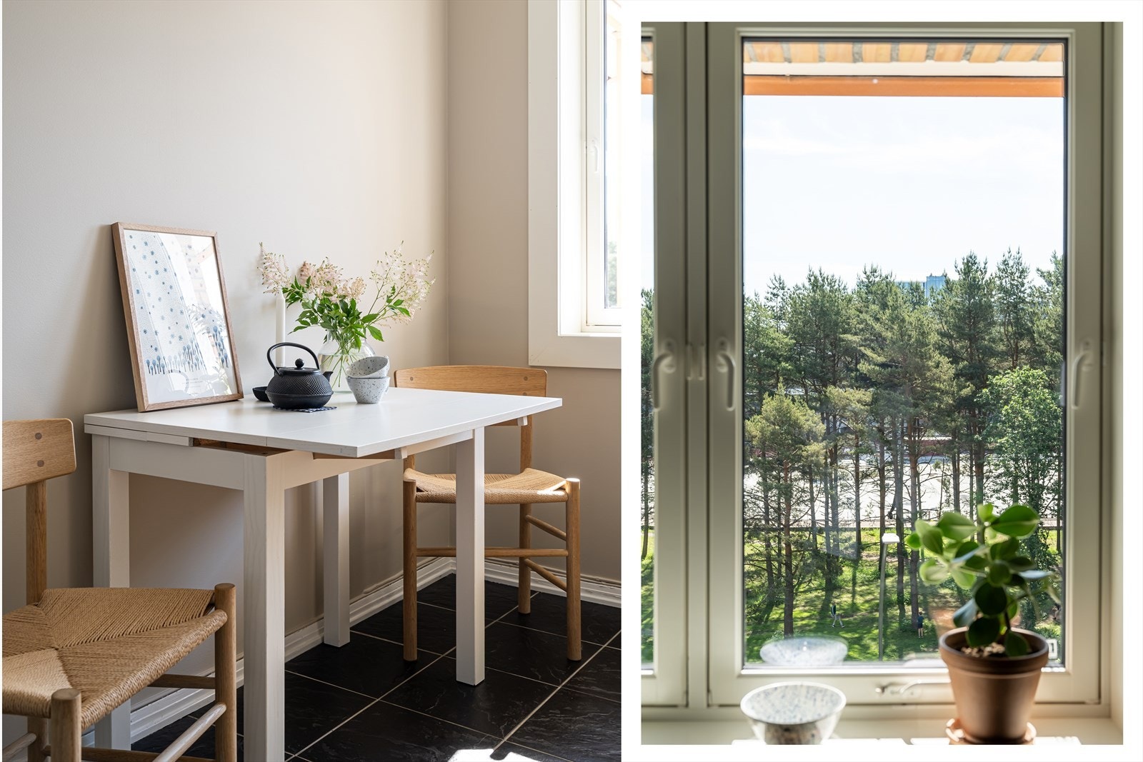 Fra kjøkkenvinduene er det grønt utsyn til fellesarealer og et nærliggende skogholt som strekker seg mellom borettslaget og Valle Hovin idrettspark. Galleribilde