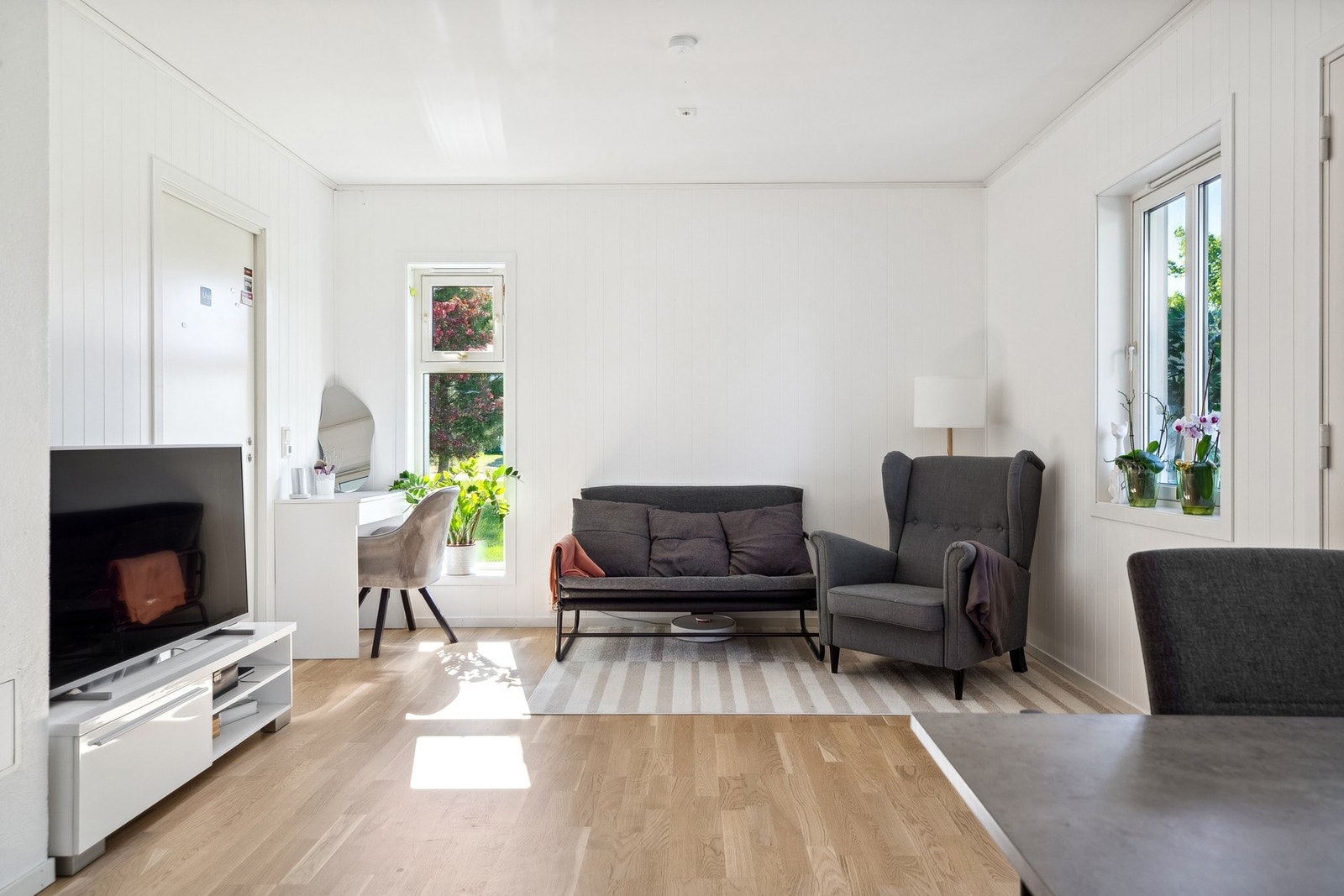 Det er fin plass til sofagruppe og tv-/mediastasjon i det luftige allrommet. Galleribilde