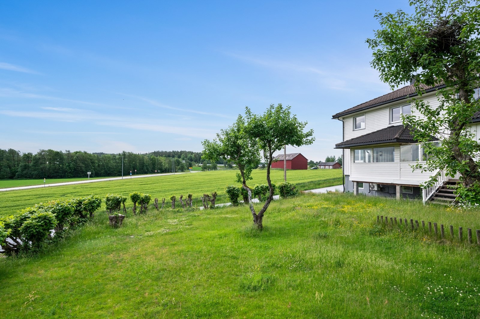 Hagen er opparbeidet med gressplen og beplantning - i tillegg er det noe naturtomt Galleribilde