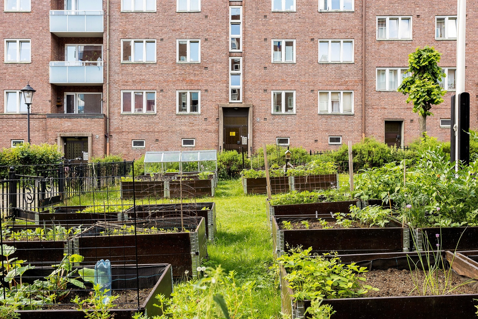 Den idylliske bakgården oppleves som en privat park for beboerne med hyggelige sittegrupper, plantekasser og grill til fri benyttelse. Galleribilde