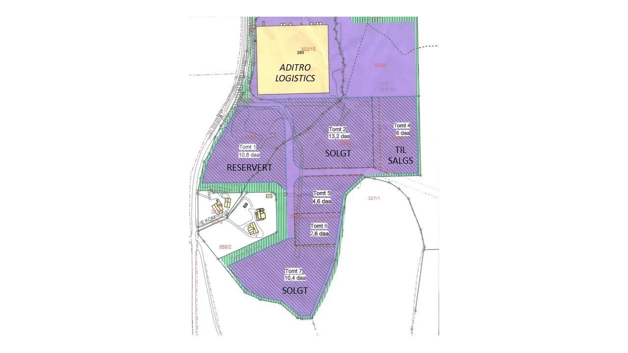 Tomtekart over ferdig regulerte tomter. Nytt regulert område på ca. 50 mål vil ligge i tilknytning til tomt 4. Galleribilde