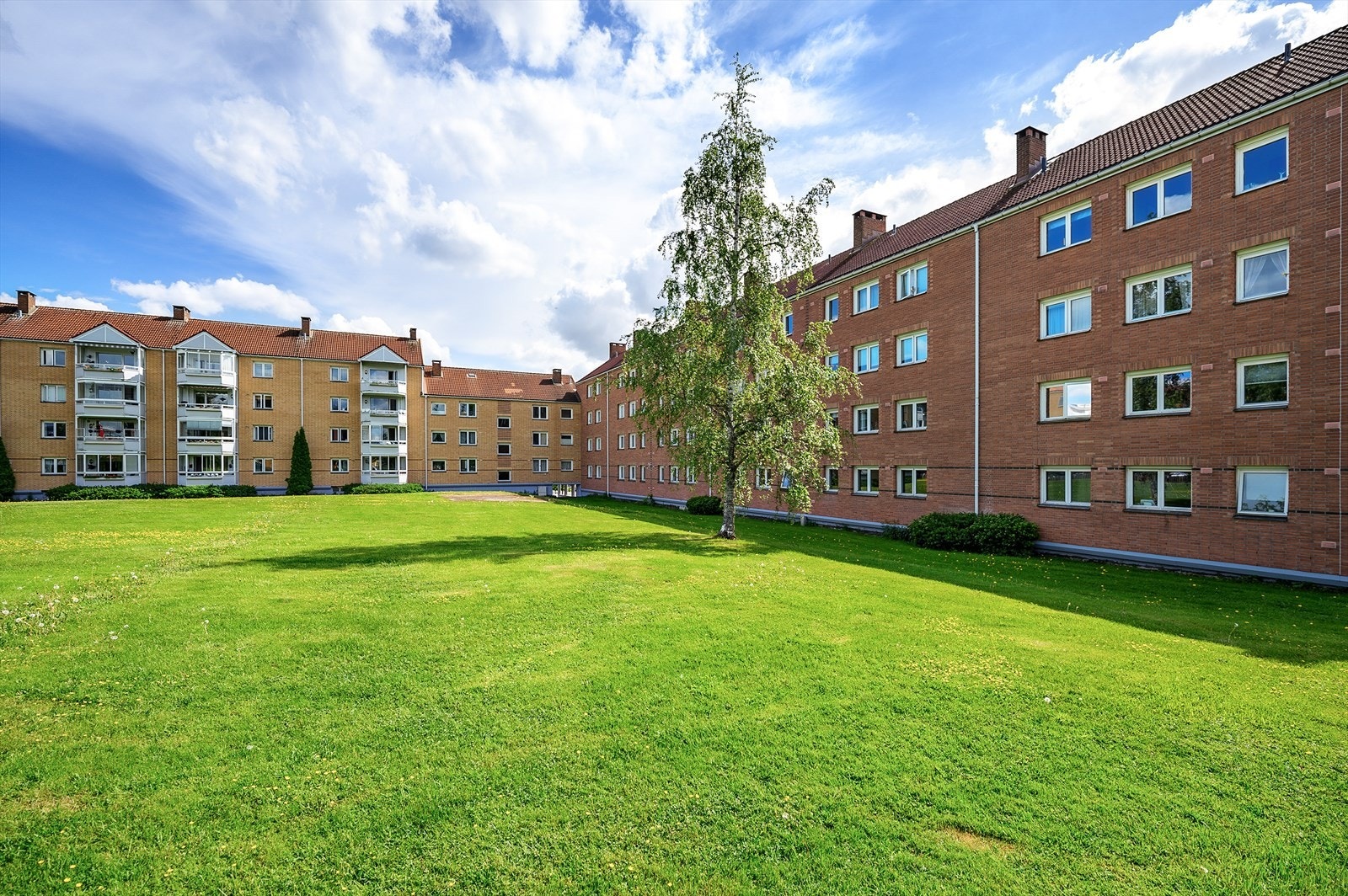 Pent opparbeidet og velstelt uteområde med gressplener, prydbusker, lekeareal og sittegrupper. Galleribilde