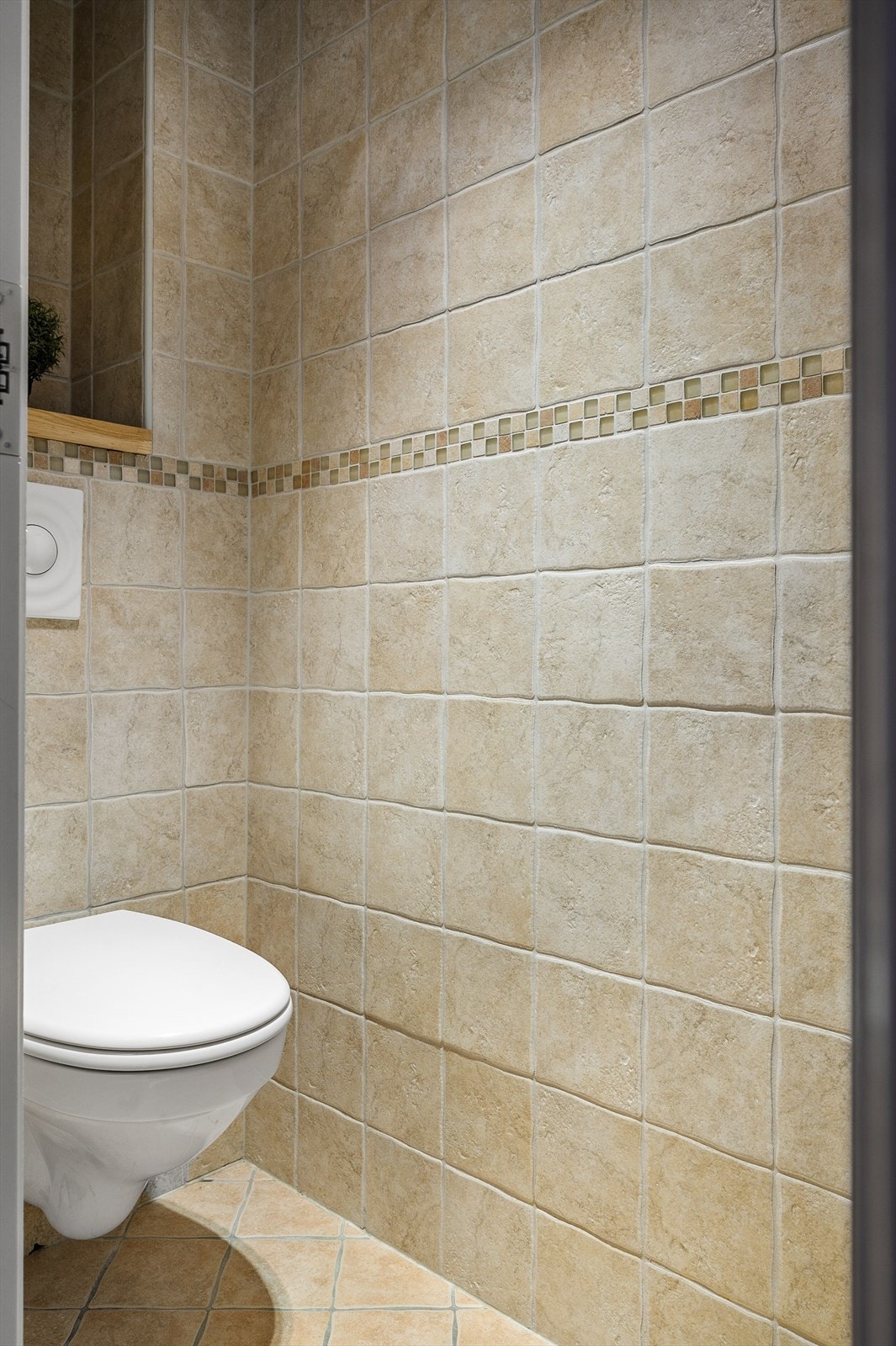 Separat rom for wc med fliser på vegg og gulv, innredet med vegghengt toalett, Galleribilde