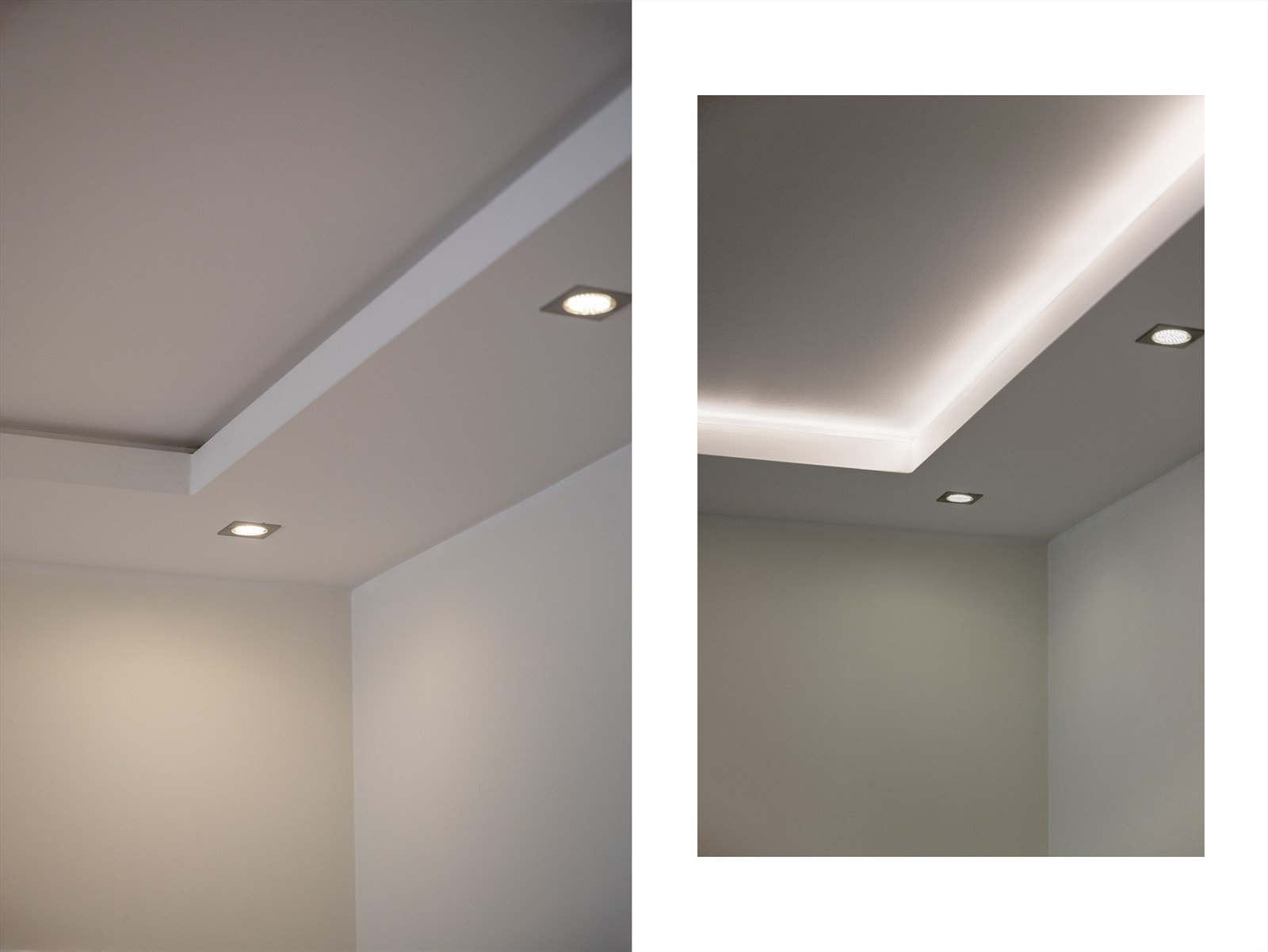 - Merk downlights i tak samt listefri overgang mellom vegger og tak som sørger for et sømløst og moderne uttrykk - Galleribilde