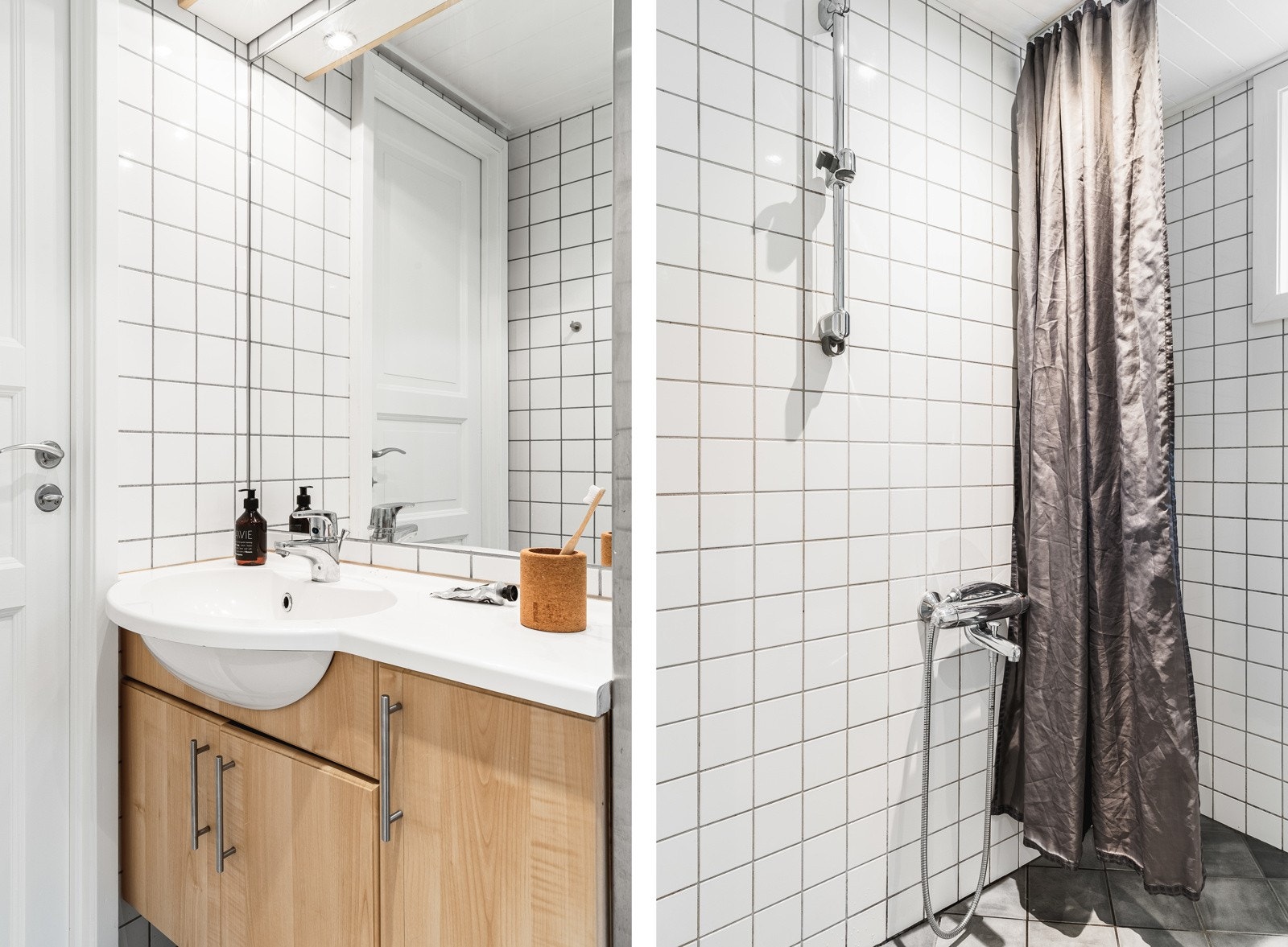 Badet er innredet med dusj, vegghengt toalett og baderomsinnredning. Galleribilde