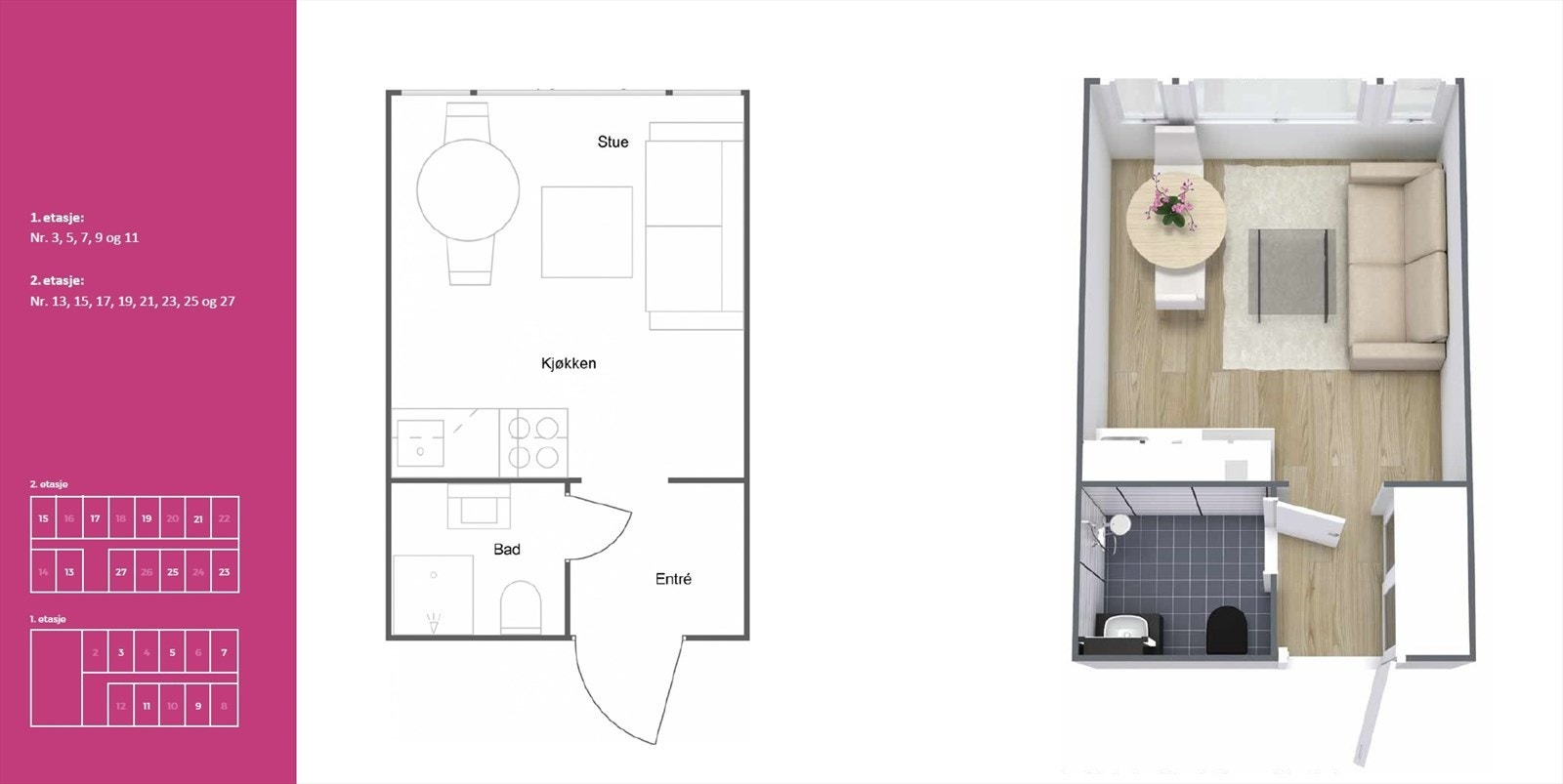 Plantegning. Alle leiligheter på 15 kvm er like, men noen speilvendt i forhold til denne planskissen. Galleribilde