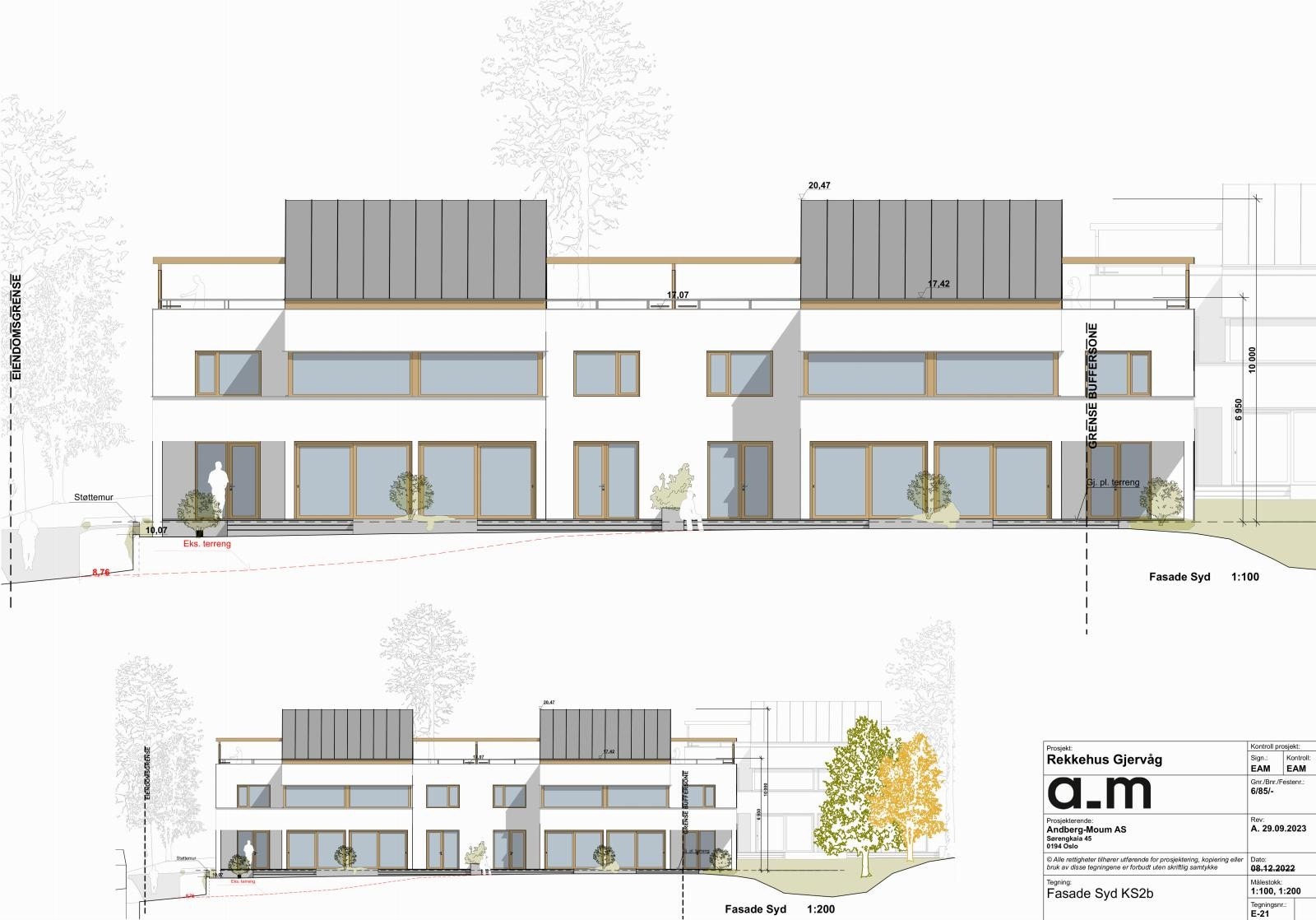 Fasade Syd - Rekkehusene er prosjektert med en moderne utforming med flatt tak, vinduer uten sprosser, og tidsriktige fasadematerialer. De to første etasjene vil kles i hvitt, mens trapperom på tak kles i lyst panel. Galleribilde