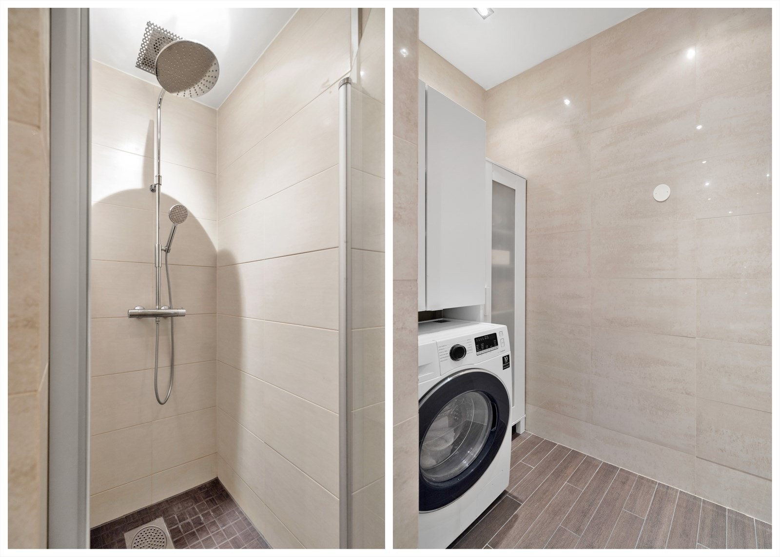 Innredning med vegghengt klosett, servantinnredning, servant med ettgreps blandebatteri, dusjdør, dusjarmatur, opplegg og plass til vaskemaskin. Galleribilde