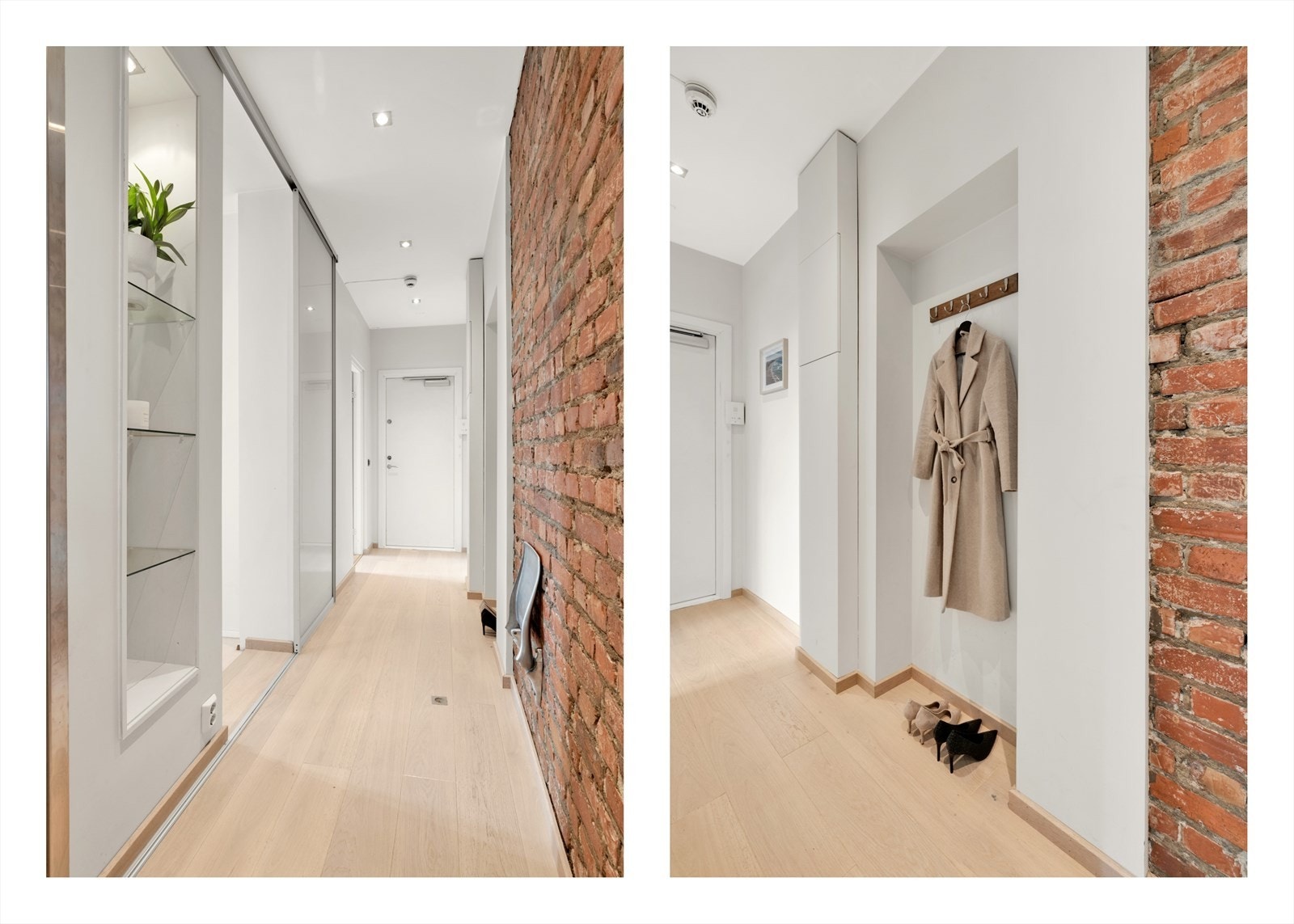 Lys og innbydende entré som gir deg et moderne førsteinntrykk av boligen. God plass til oppbevaring av yttertøy og sko i praktisk nisje, samt garderobeskap Galleribilde