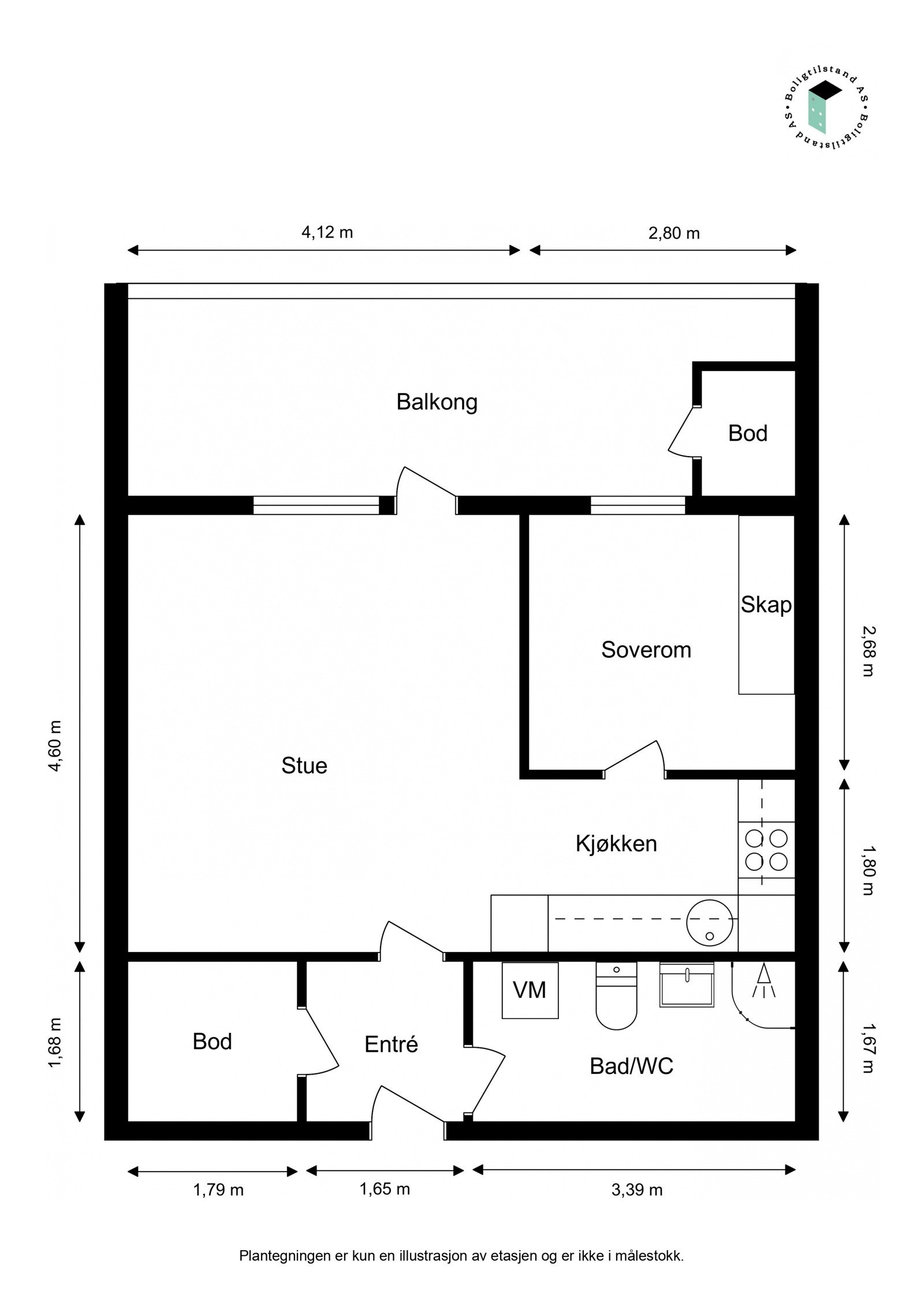 Plantegning av 2. etasje: Entre, bad, bod, stue, kjøkken og soverom. Galleribilde