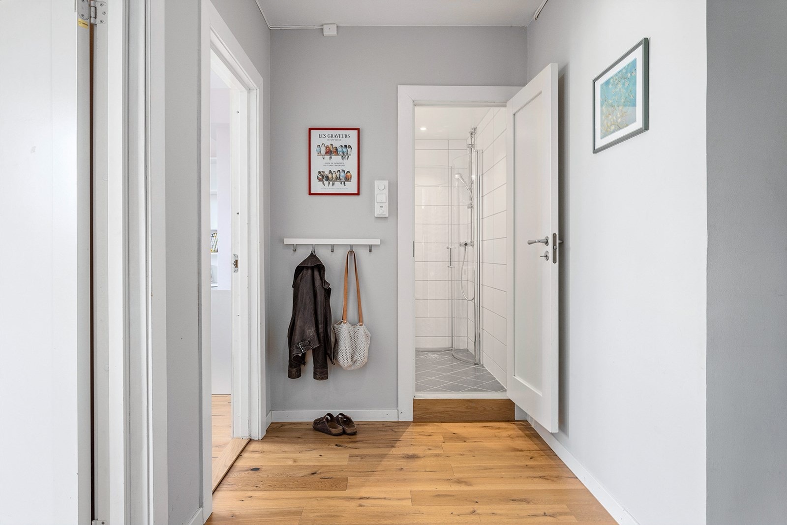 Romslig og lys entré med plass til å henge fra seg yttertøy og sette fra seg sko. Galleribilde