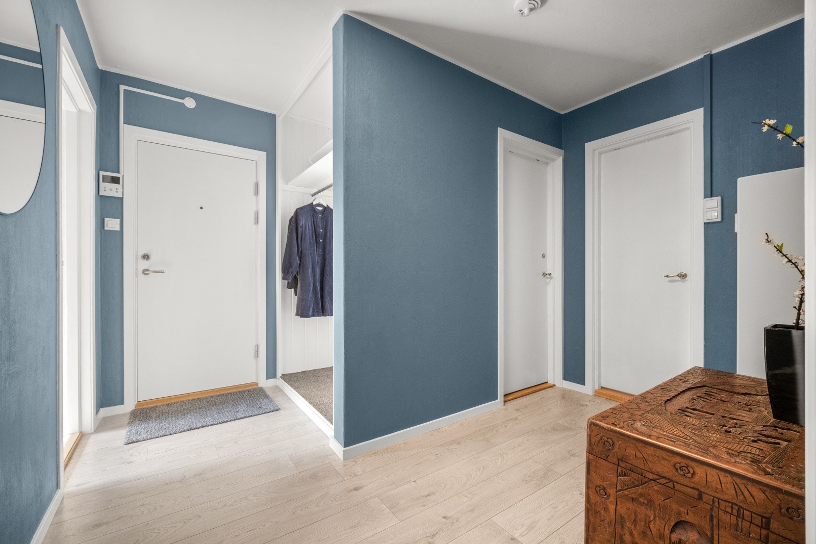 Vel inne blir vi ønsket velkommen i en pen entré med blåmalte moderne vegger. Her er det adkomst til soverom og bad Galleribilde