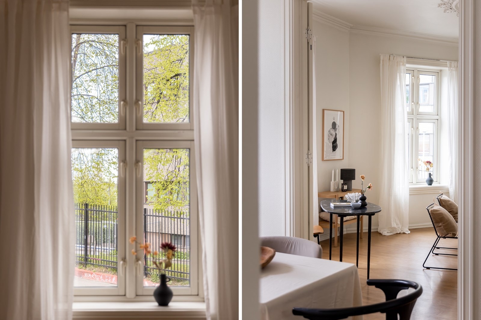 Høye vinduer og brede karmer er gjennomgående for leiligheten. Galleribilde