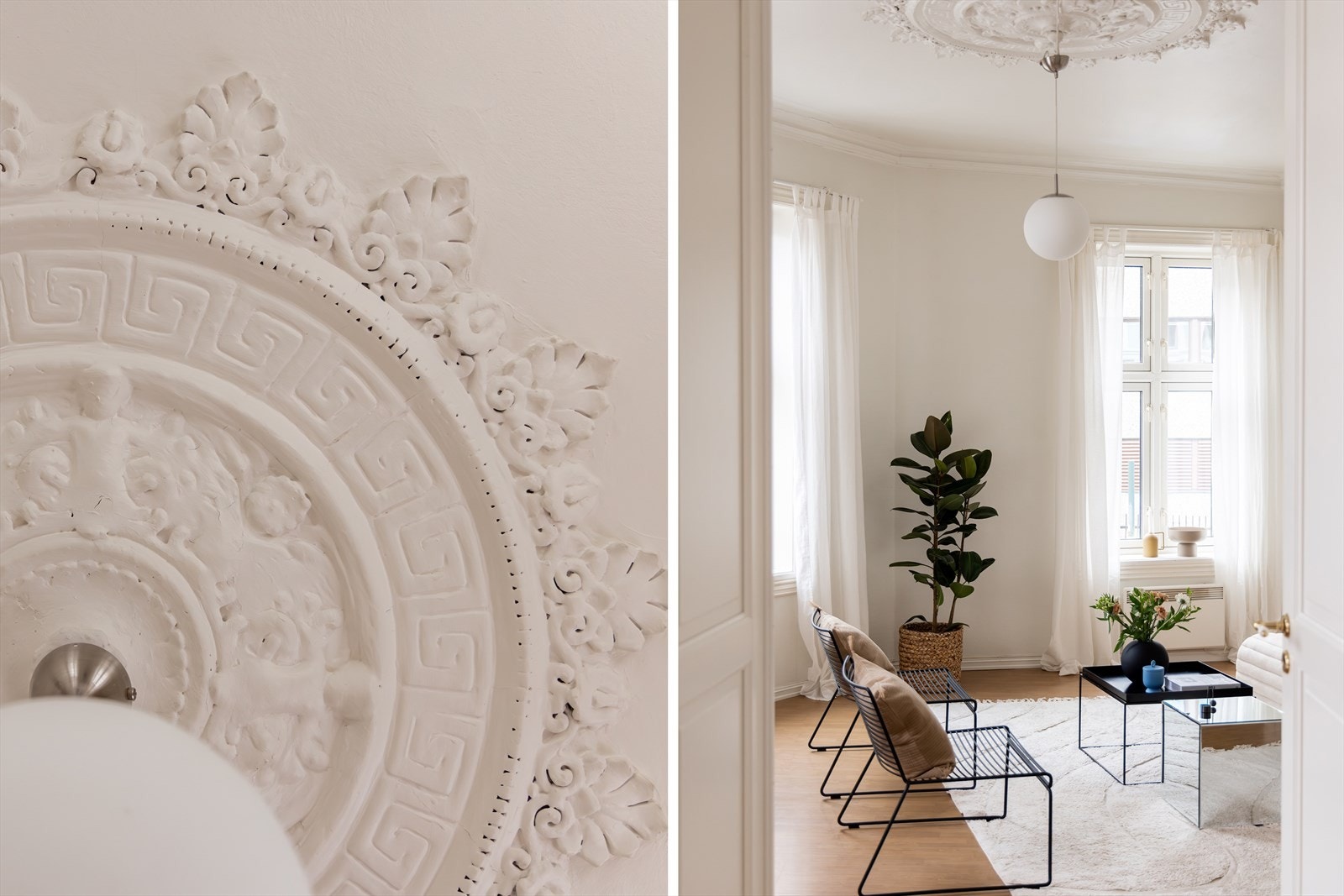 Lampen henger fint fra den vakre rosetten i taket. Galleribilde