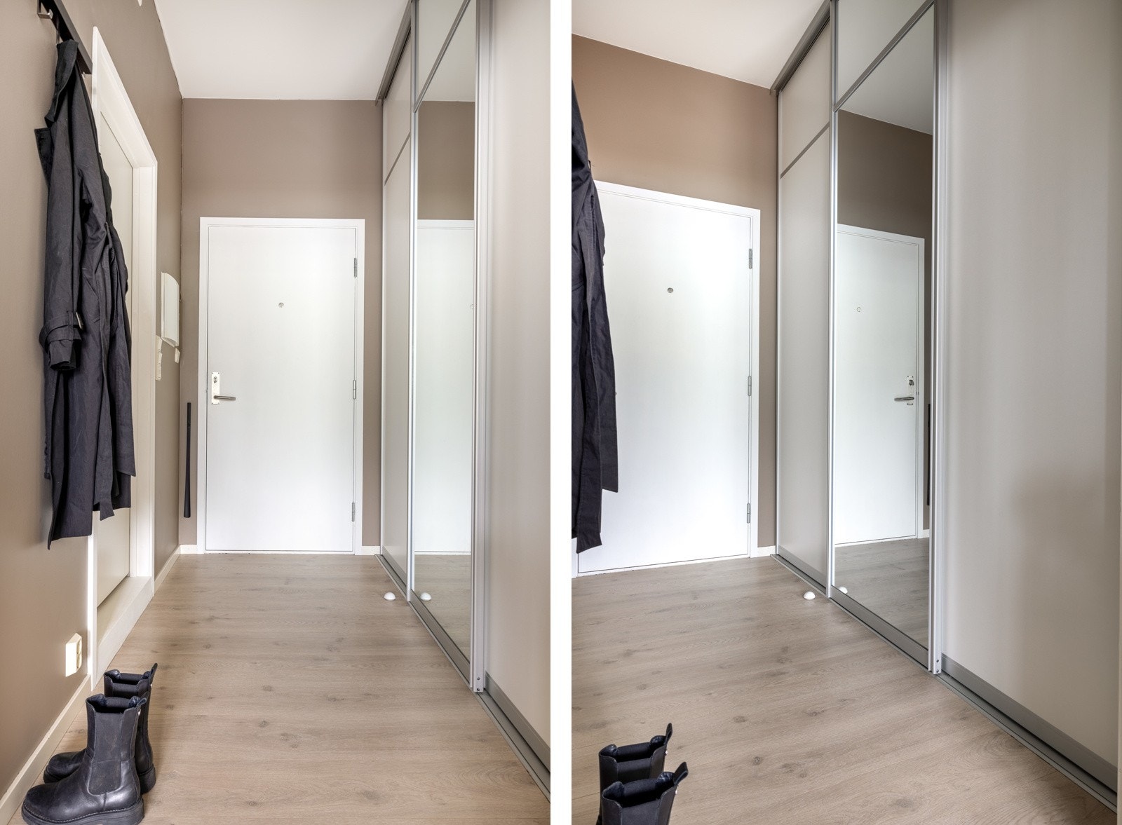 Entréen er målt til 5,5 kvm. Skyvedørsgarderobe i entré og i 2022 ble det montert PAX-garderobe fra IKEA inn i skapet. Galleribilde