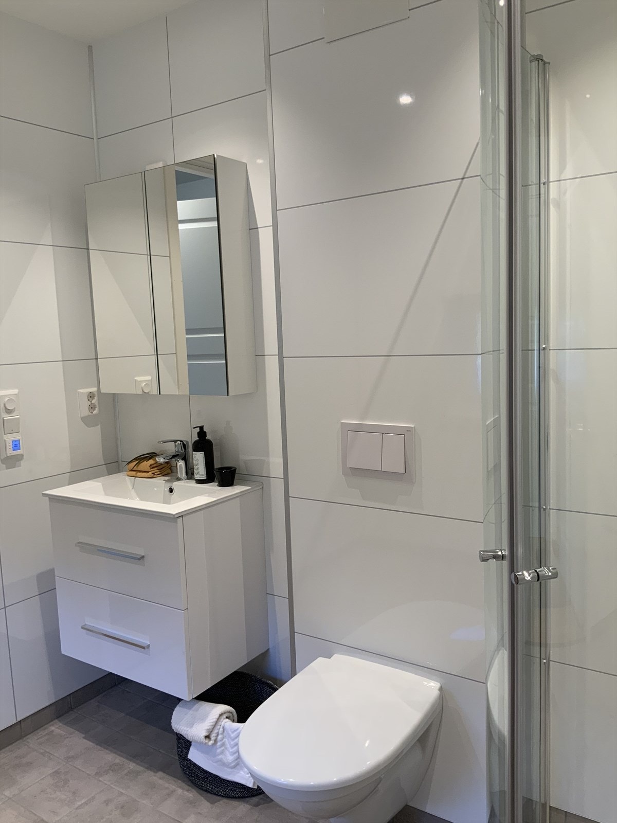 Lyst og trivelig bad med servant-og speilskap, vegghengt toalett og svingbare dusjdører Galleribilde