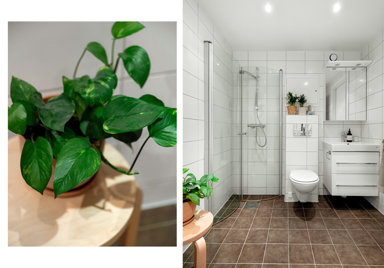 Badet er innredet med dusjhjørne, servant med underskap, speilskap over vask og vegghengt toalett. Galleribilde