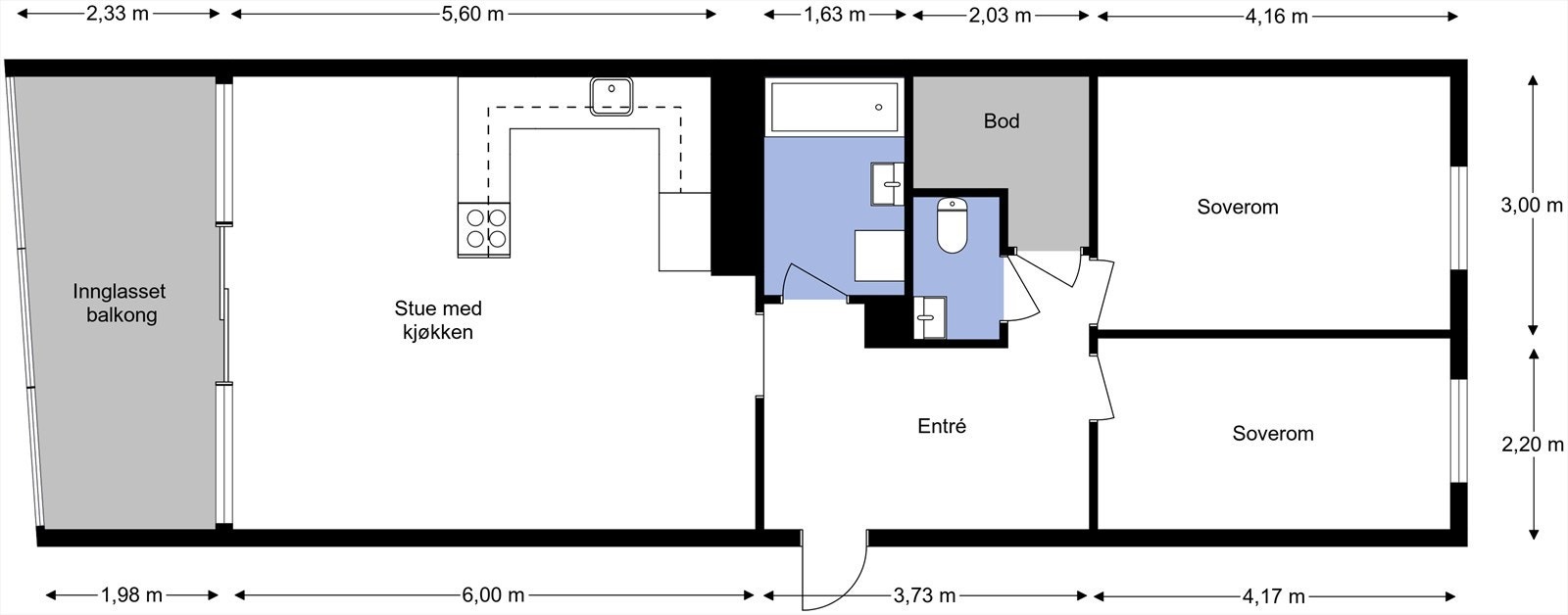 Plantegning fra takstmann. Leiligheten inneholder entré, stue og kjøkken, to soverom, bad og toalettrom. Utgang fra stue til innglasset balkong på 11m². Galleribilde