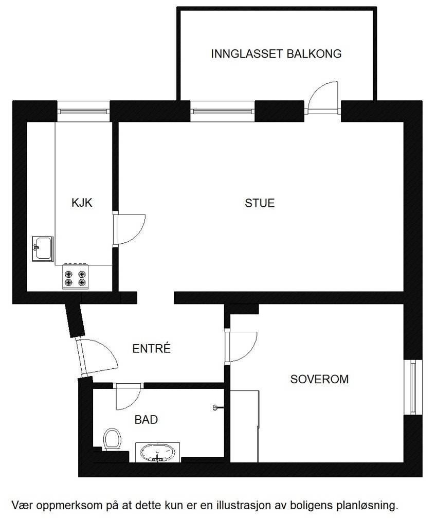 Planskisse. Utover overnevnte areal disponerer leiligheten loftsbod på 4,8 m² og 2 kjellerboder på hhv. 2 og 4,4 m². Galleribilde