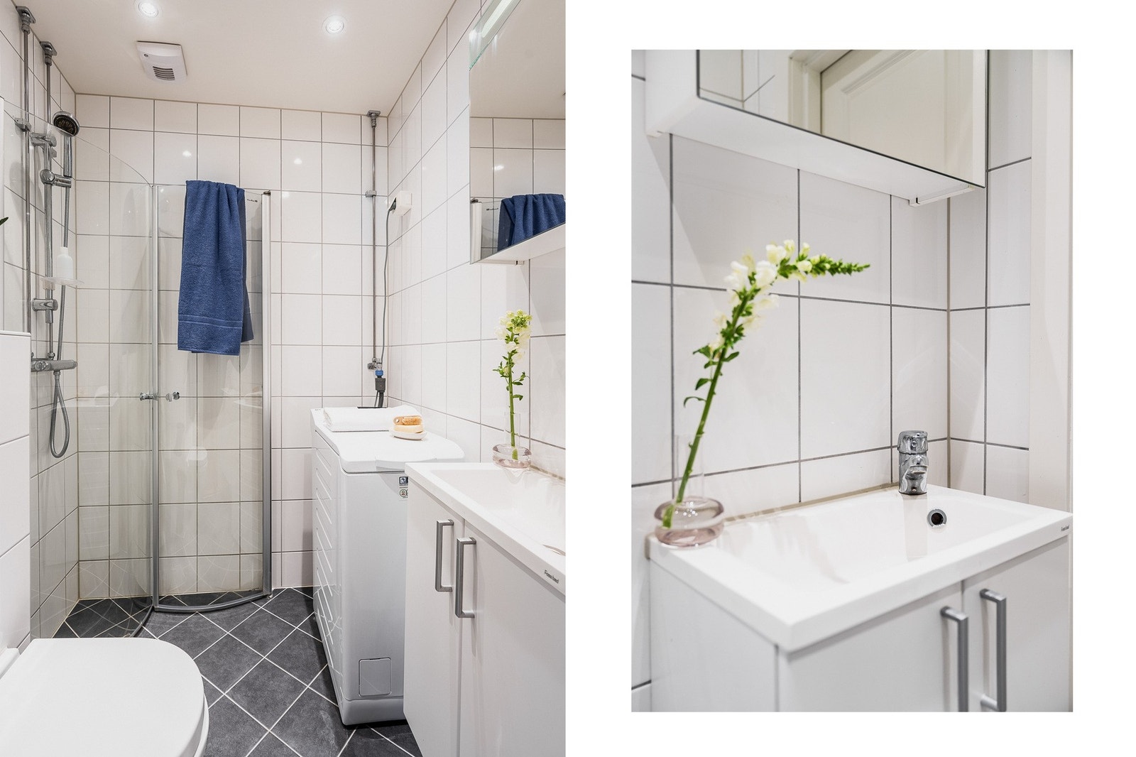 Praktisk bad med flislagte overflater og lun varme. Galleribilde