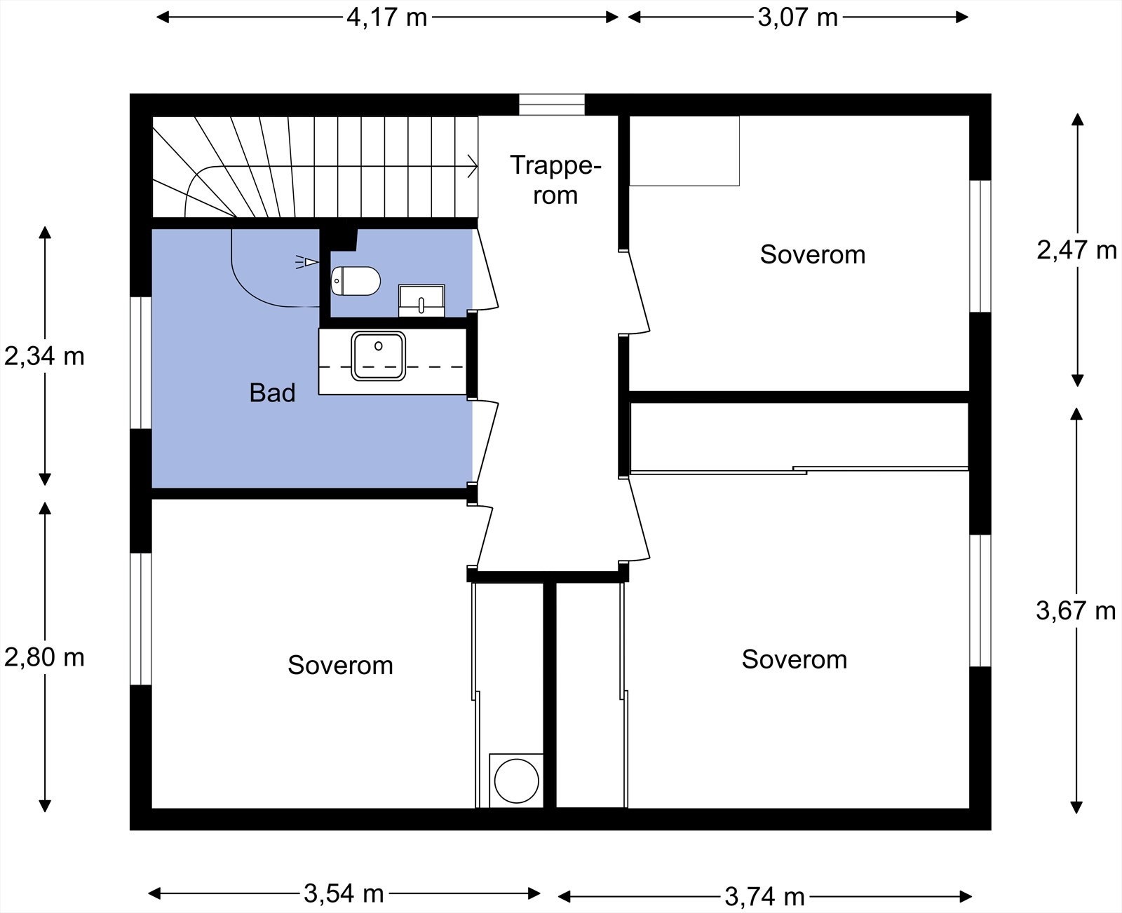 Plantegning med mål - Boligens 2. etasje. Galleribilde
