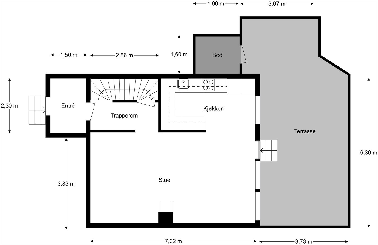 Boligen strekker seg over 3 plan. Vi starter med å ta en titt på hovedetasjen. Galleribilde