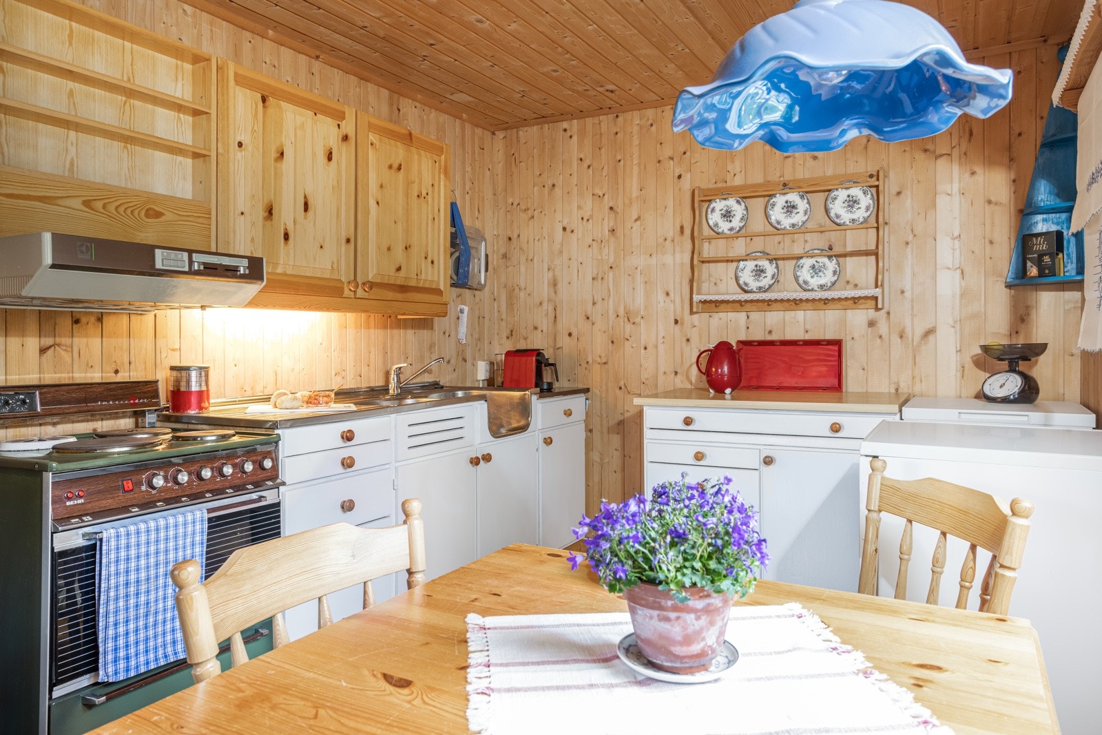 Dobbel stålvask med benkeslap og kjøkkenventilator med avtrekk ut. Galleribilde