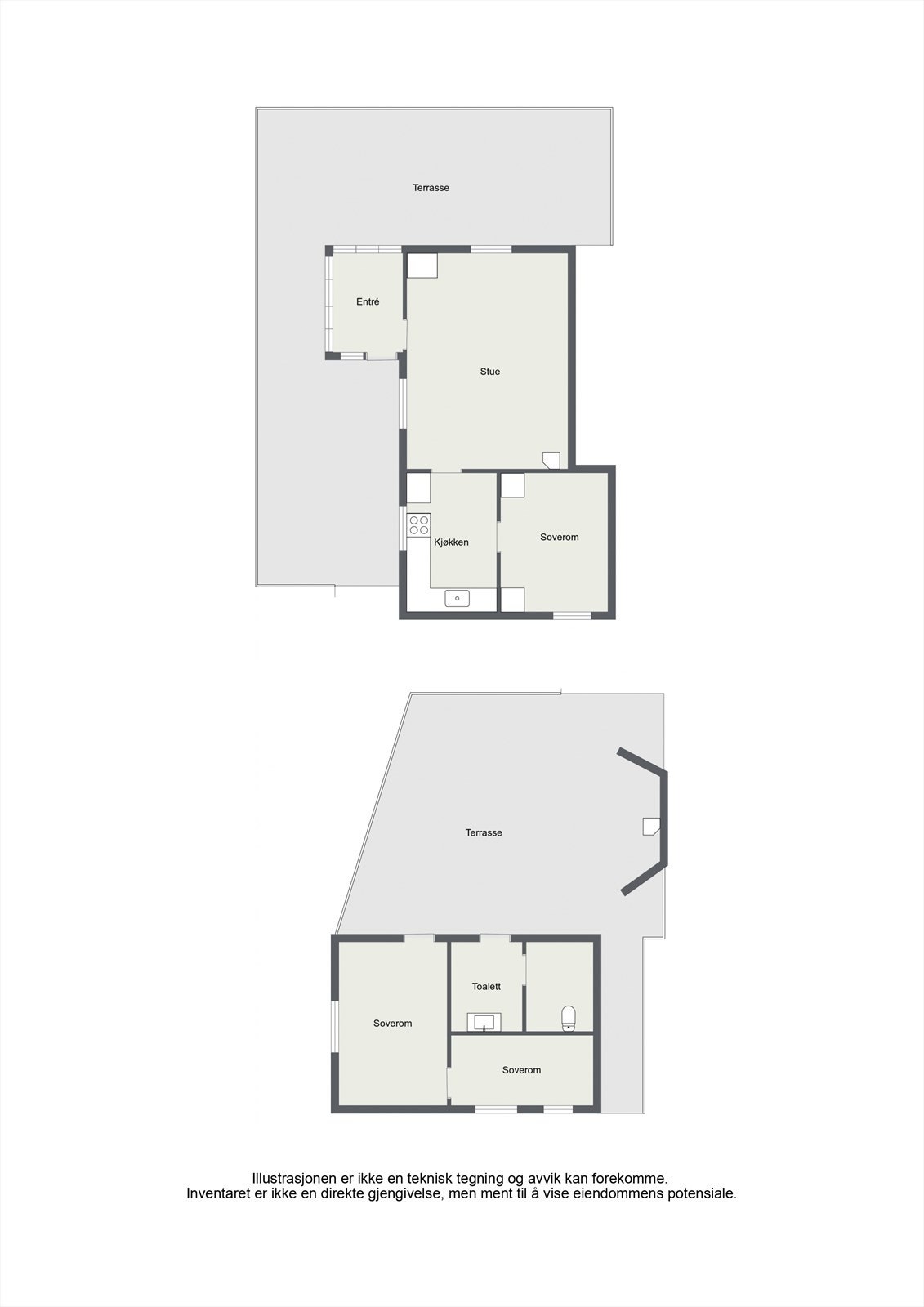 Planskisse fra hytte og uthus. Rommene i uthuset er boder og ikke godkjente soverom. Galleribilde