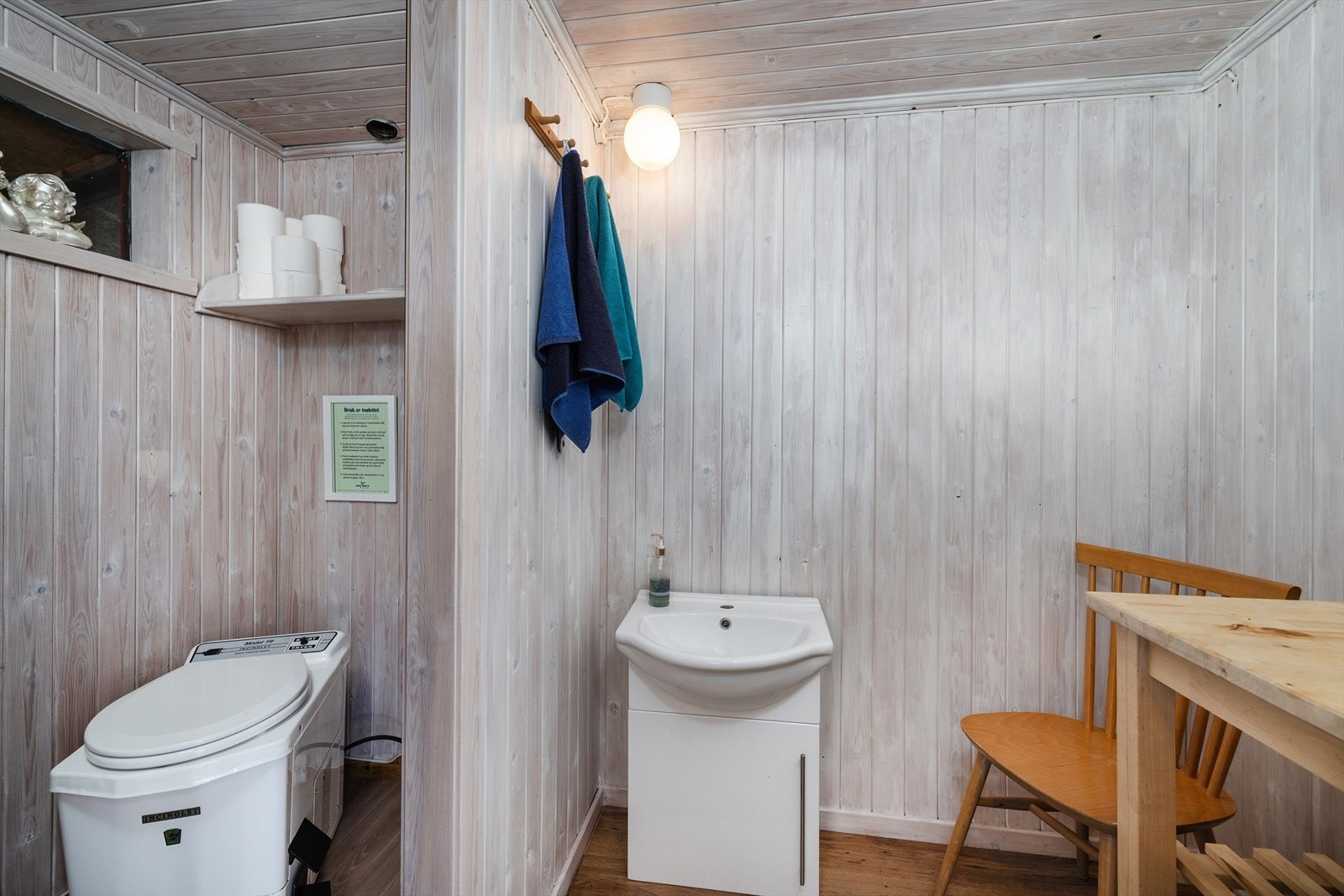 Toalett av typen Incinolet forbrenningstoalett. Det er ikke innlagt vann, derfor er det heller ikke kran på vasken. Galleribilde