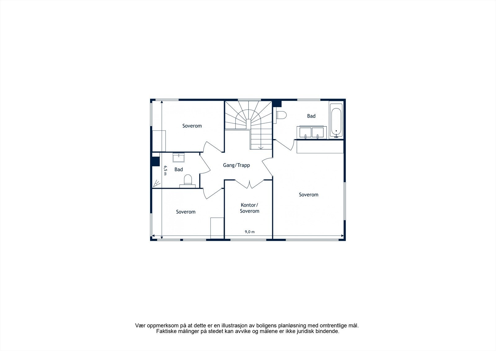 2. etasje: Gang med trapp, fire soverom bad/wc og dusjbad/wc Galleribilde