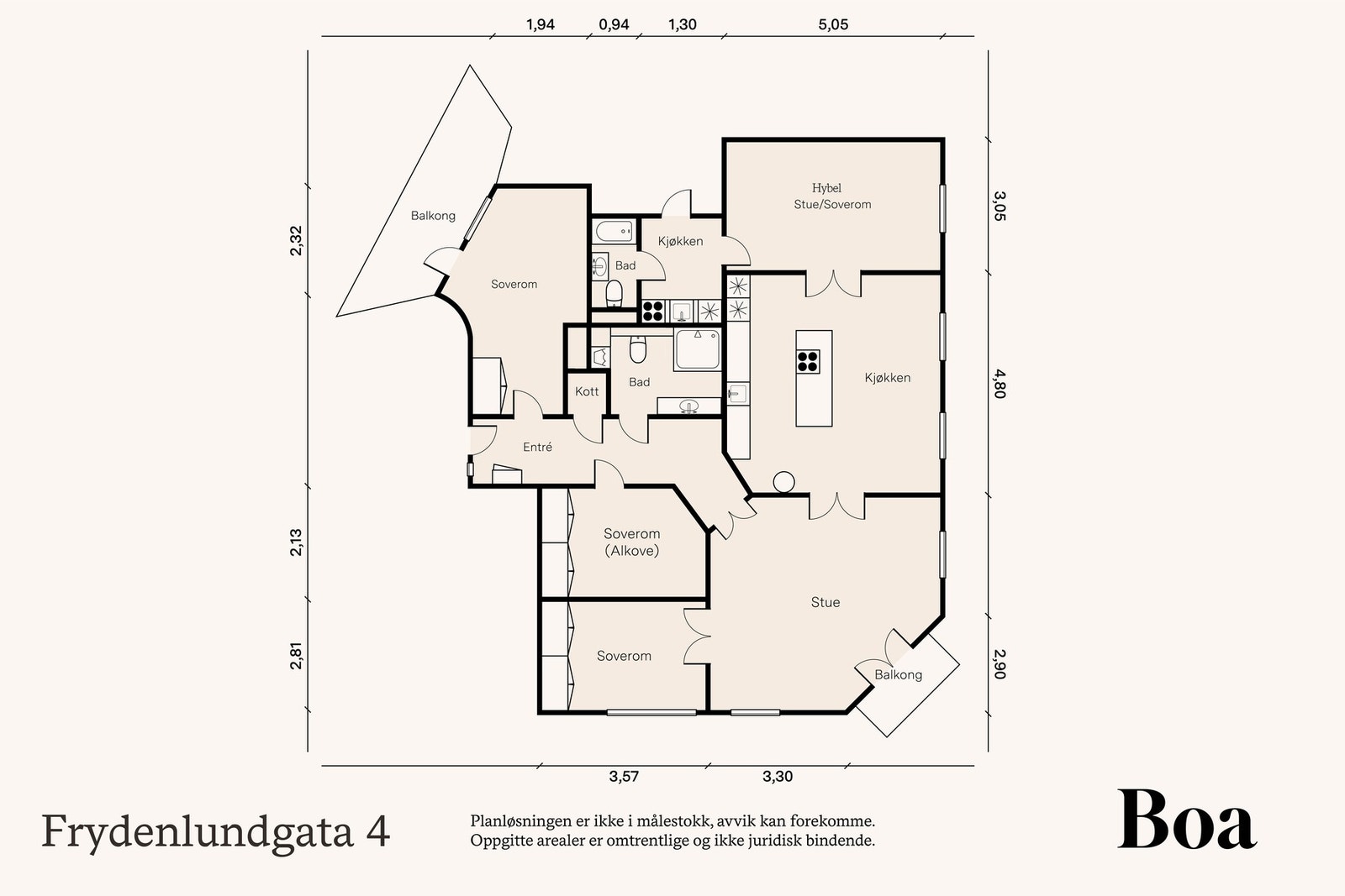 3. etasje: Entré/gang, bad/vaskerom, kjøkken med spisestue, stue, to soverom, alkove/gjesterom, to kleskott. Hybel: Entré med kjøkken, bad og stue/soverom. Galleribilde