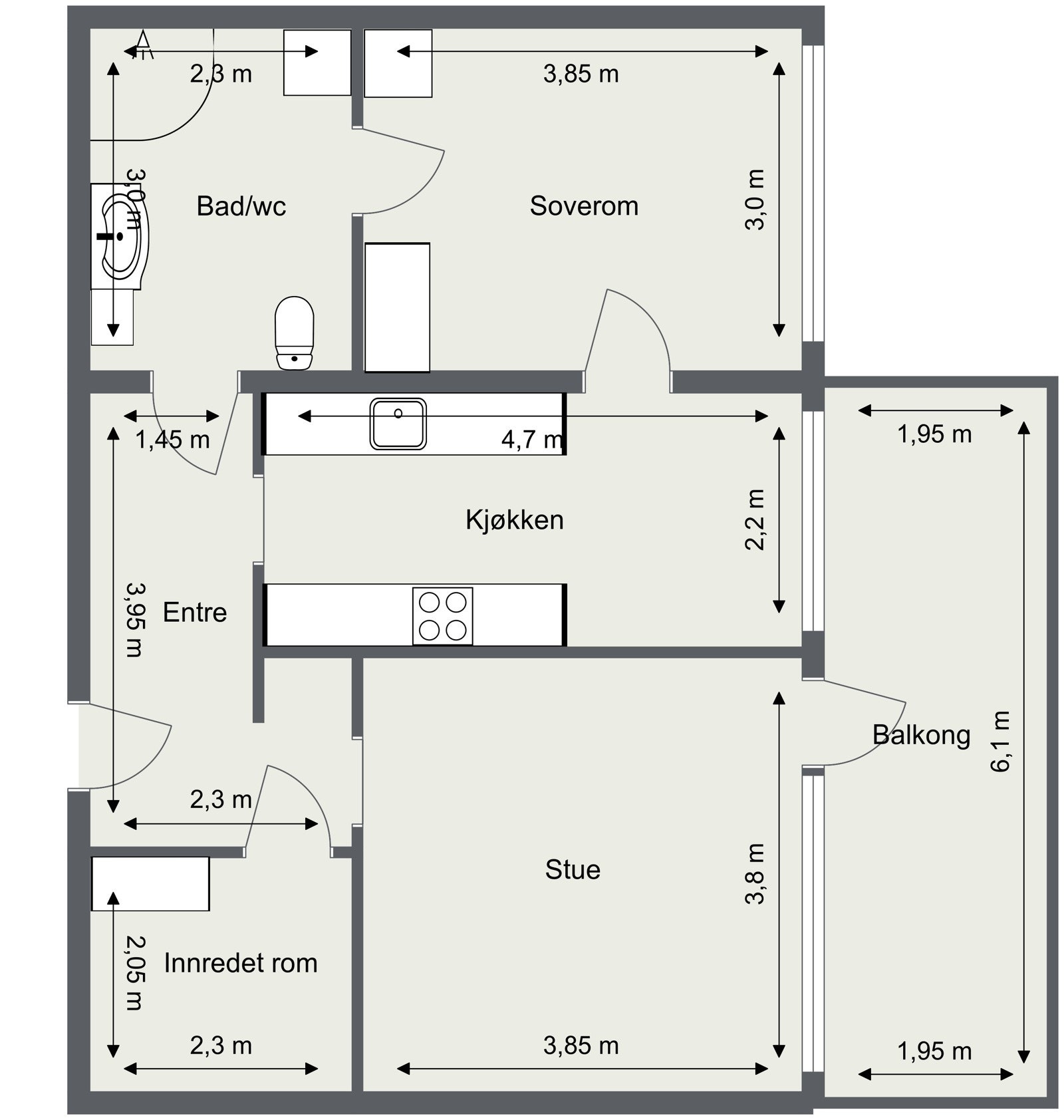 Innhold: Entré, bad/wc, innredet rom, soverom, kjøkken og stue. Galleribilde