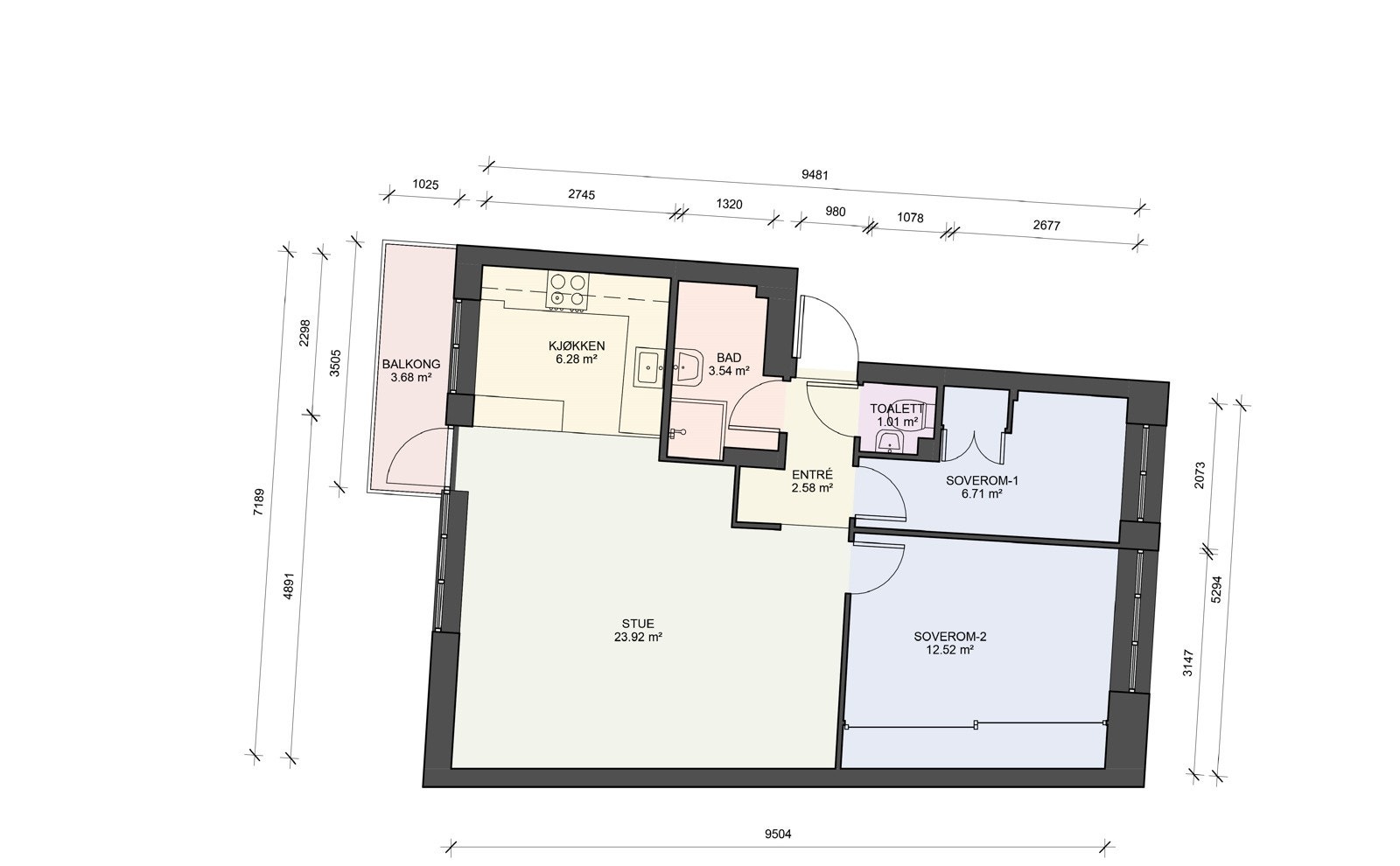 Plantegning. I tillegg disponerer leiligheten en kjellerbod på ca. 5m². Galleribilde