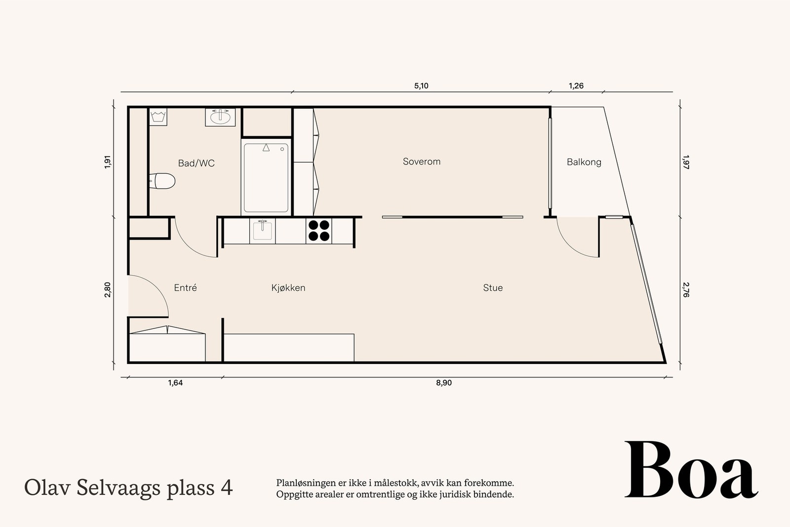 6. etasje: Entré/gang, bad, stue m/kjøkken og soverom. Balkong. Galleribilde