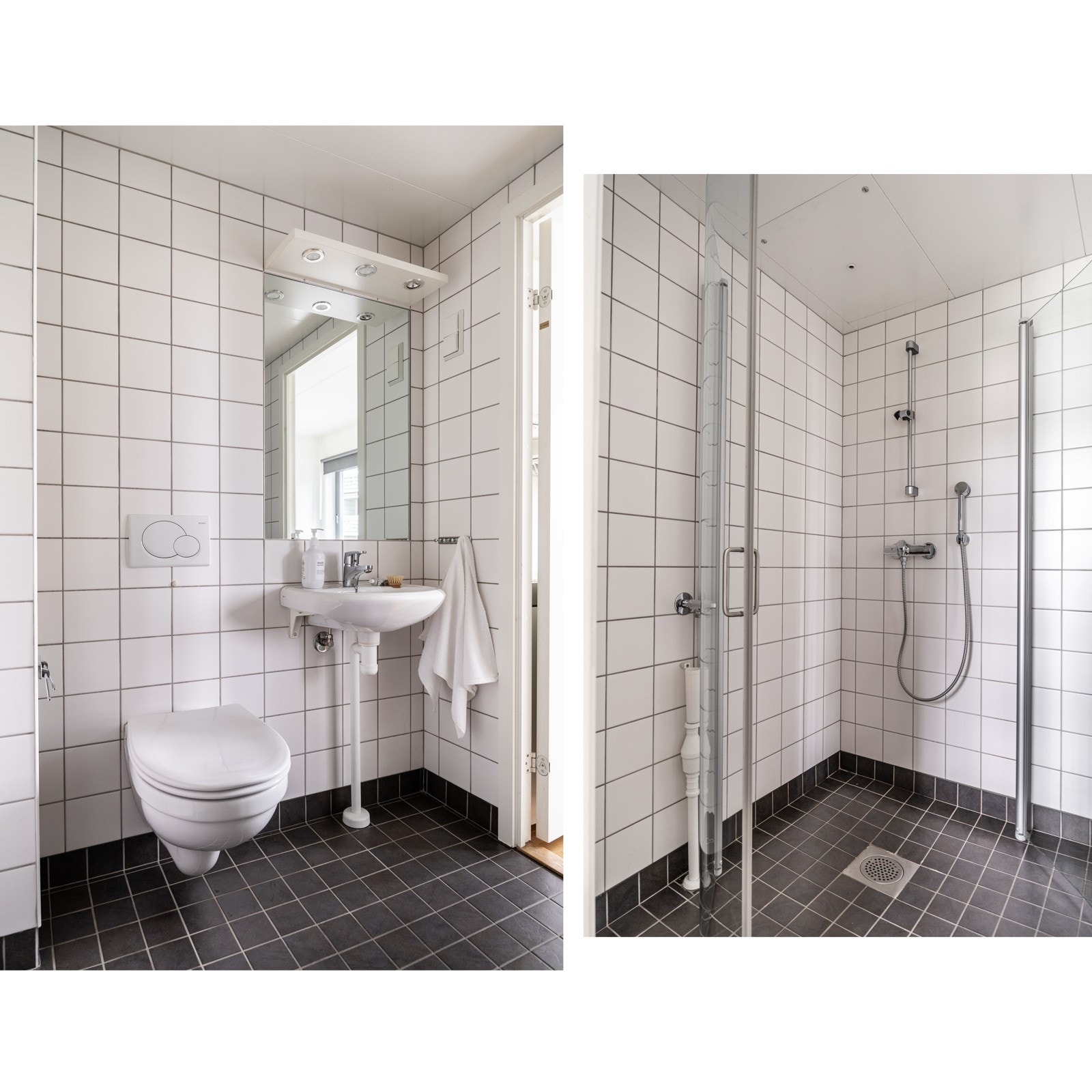 Baderom fra byggeår med flislagt gulv med gulvvarme og flislagte vegger. Galleribilde