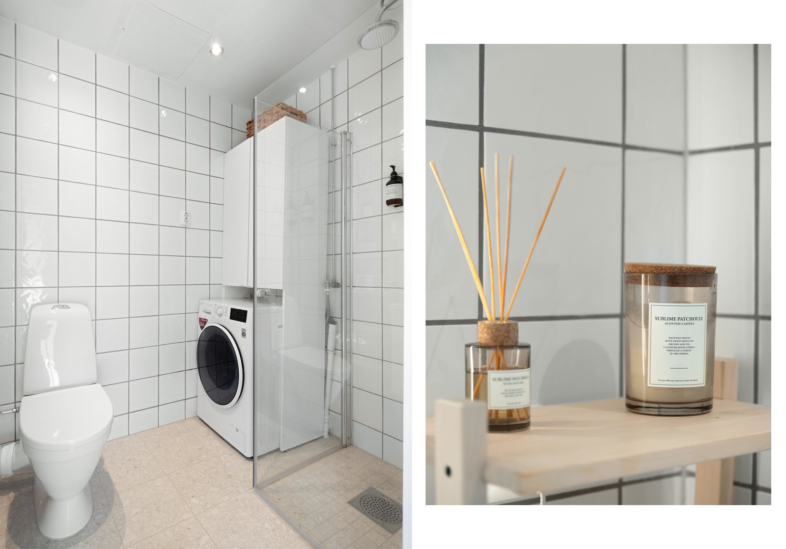 Det er god plass til vaskeseksjon og skap for ekstra lagring. Det er downlights i himling og varme i gulvet. Badet fikk nye varmekabler og gulvfliser i 2023. Galleribilde