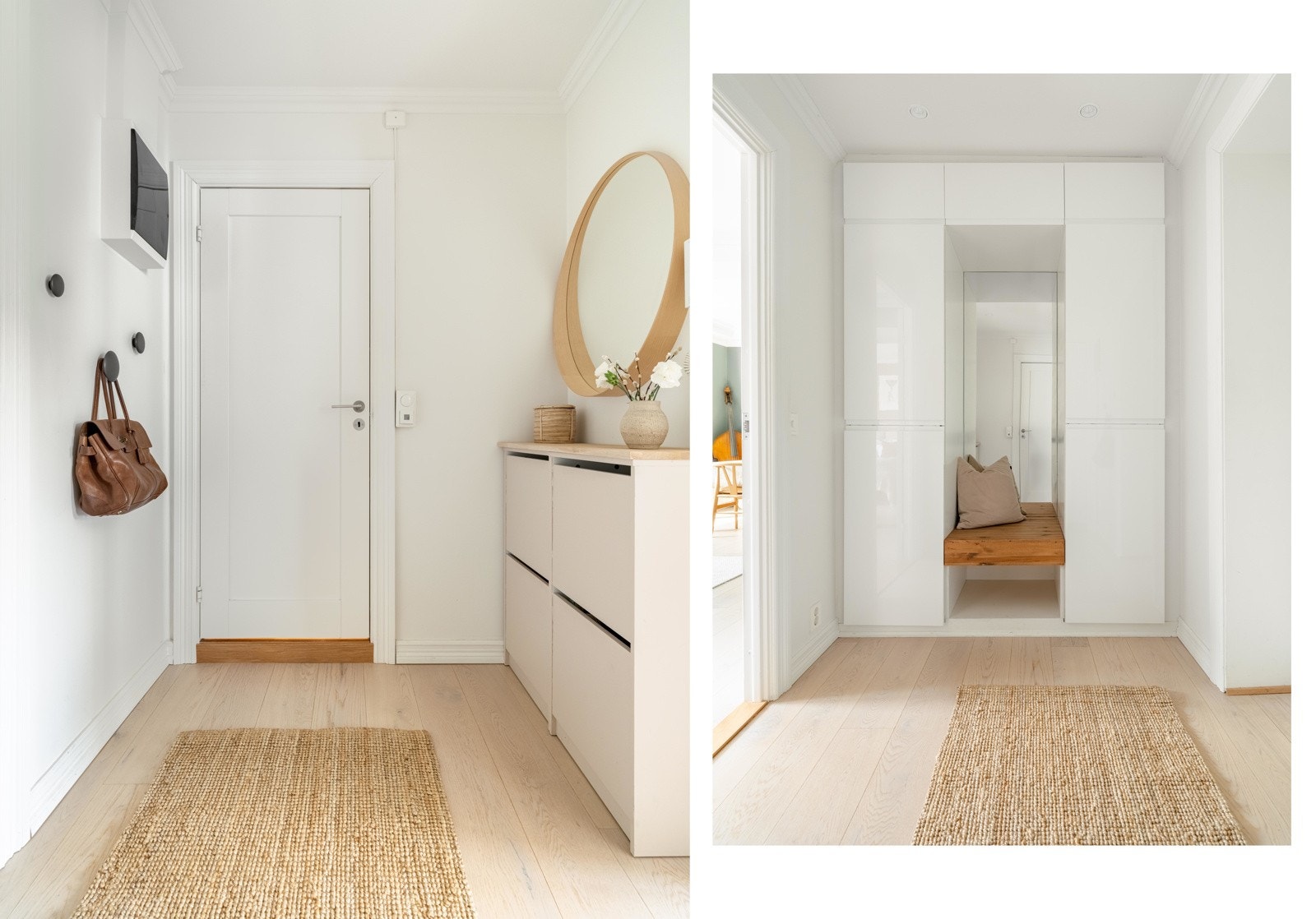 Entreen er romslig og innbydende. Plassbygget garderobe med sitteplass også her. Galleribilde