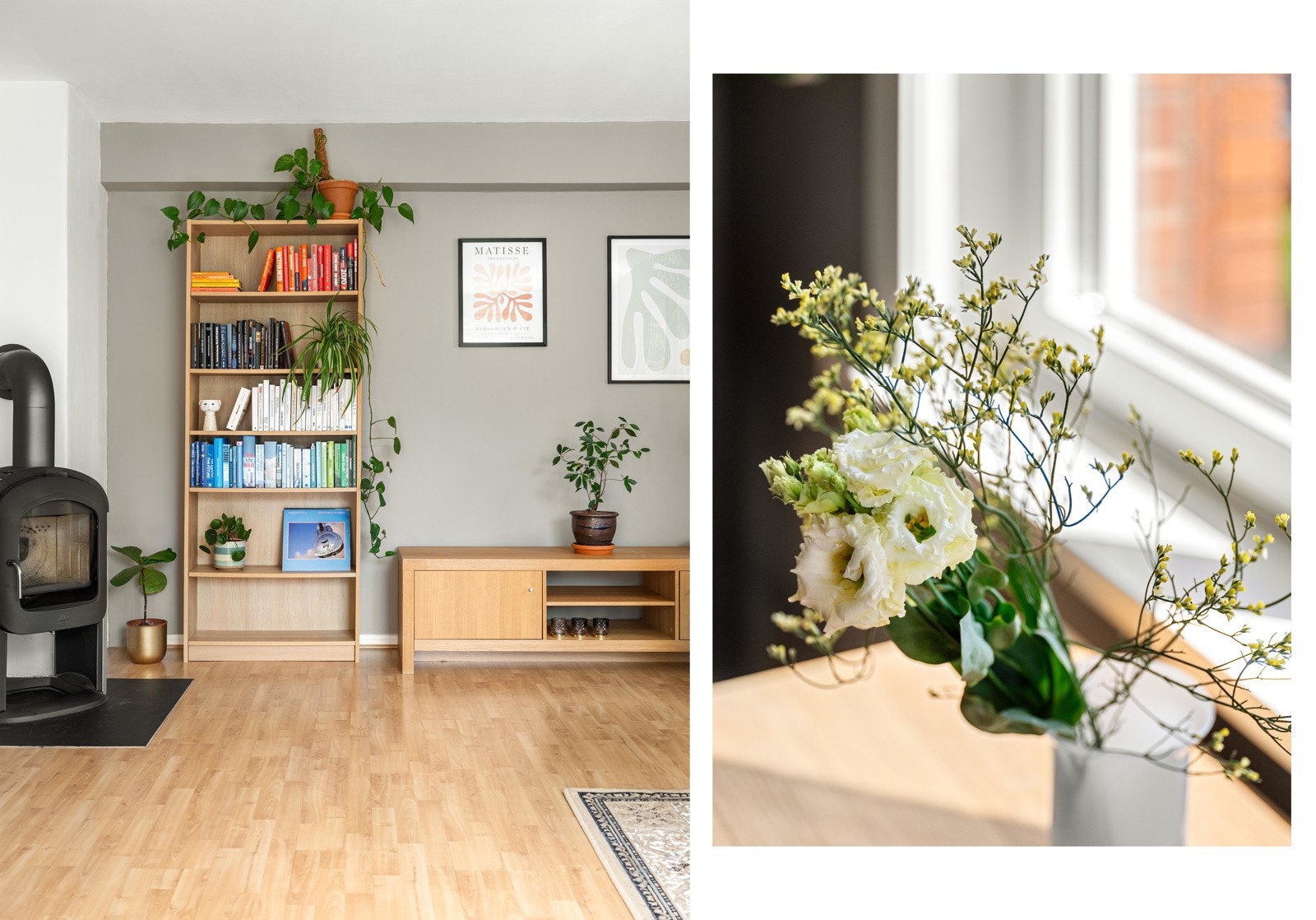 Veggflater og tak er malt i lyse og tidløse fargetoner. Galleribilde