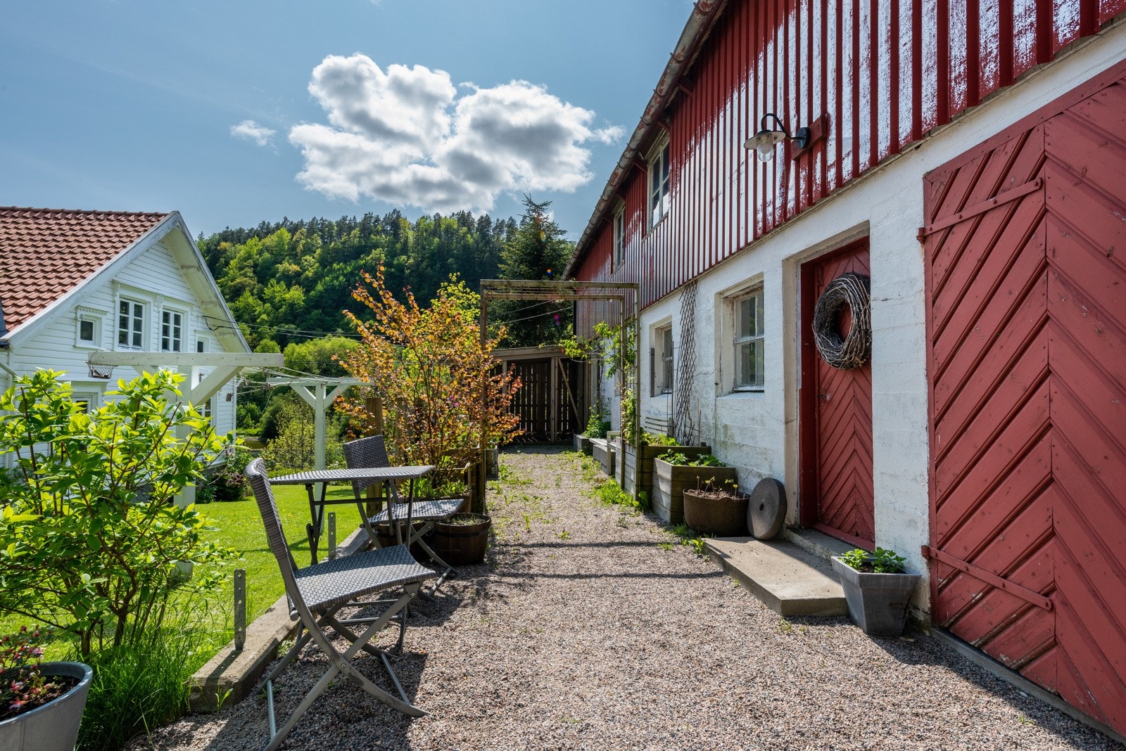 Foran låven er det velstelt og hyggelig. Galleribilde