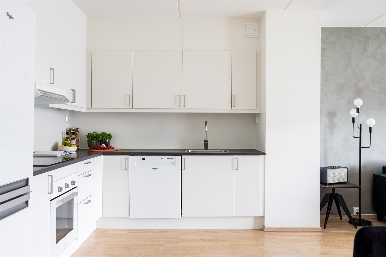 Kjøkkenet har glatte fronter og laminat benkeplate med nedfelt vaskekum. Videre er det integrert platetopp, stekeovn og oppvaskmaskin. Det er avtrekk over kokeplass. Galleribilde