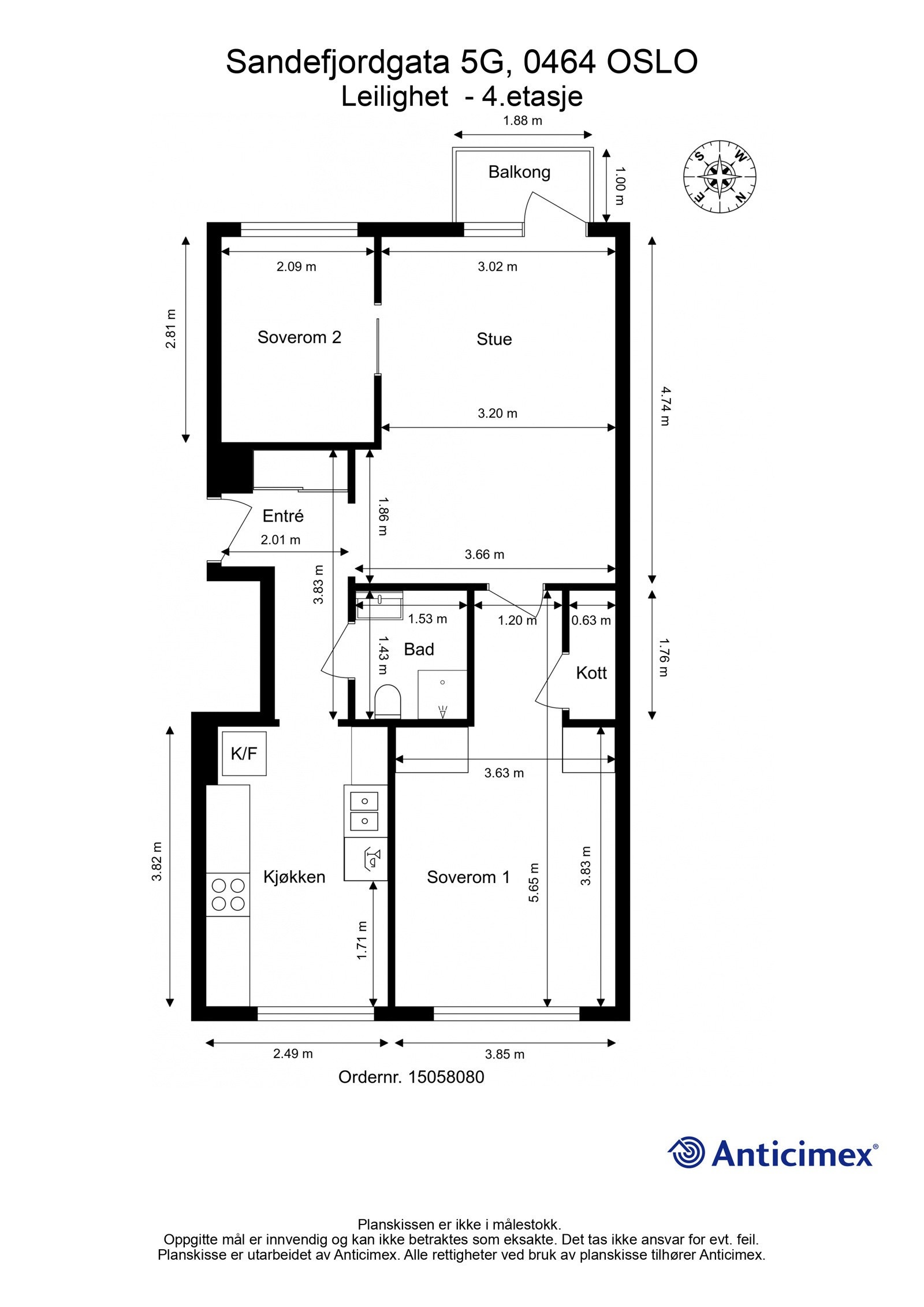 Plantegning. I tillegg disponerer leiligheten en kjellerbod på ca. 4m². Galleribilde
